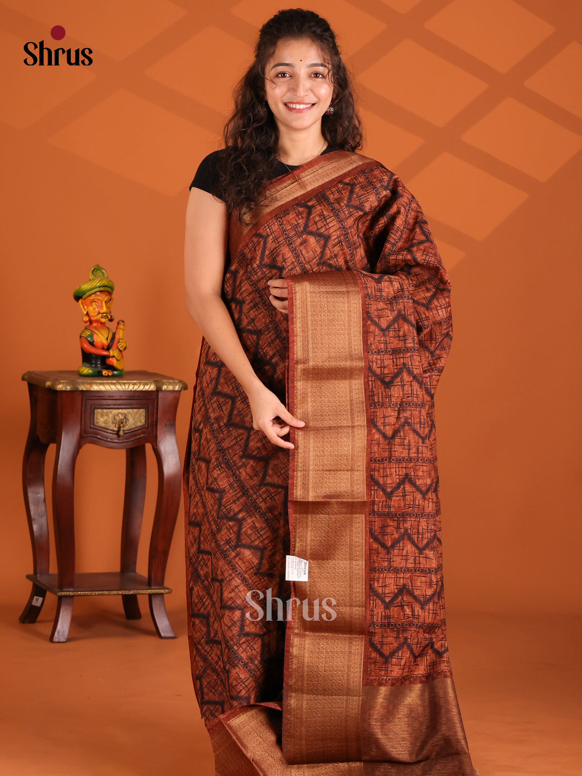 Brown - Semi Linen Saree - Shop on Shrus.com