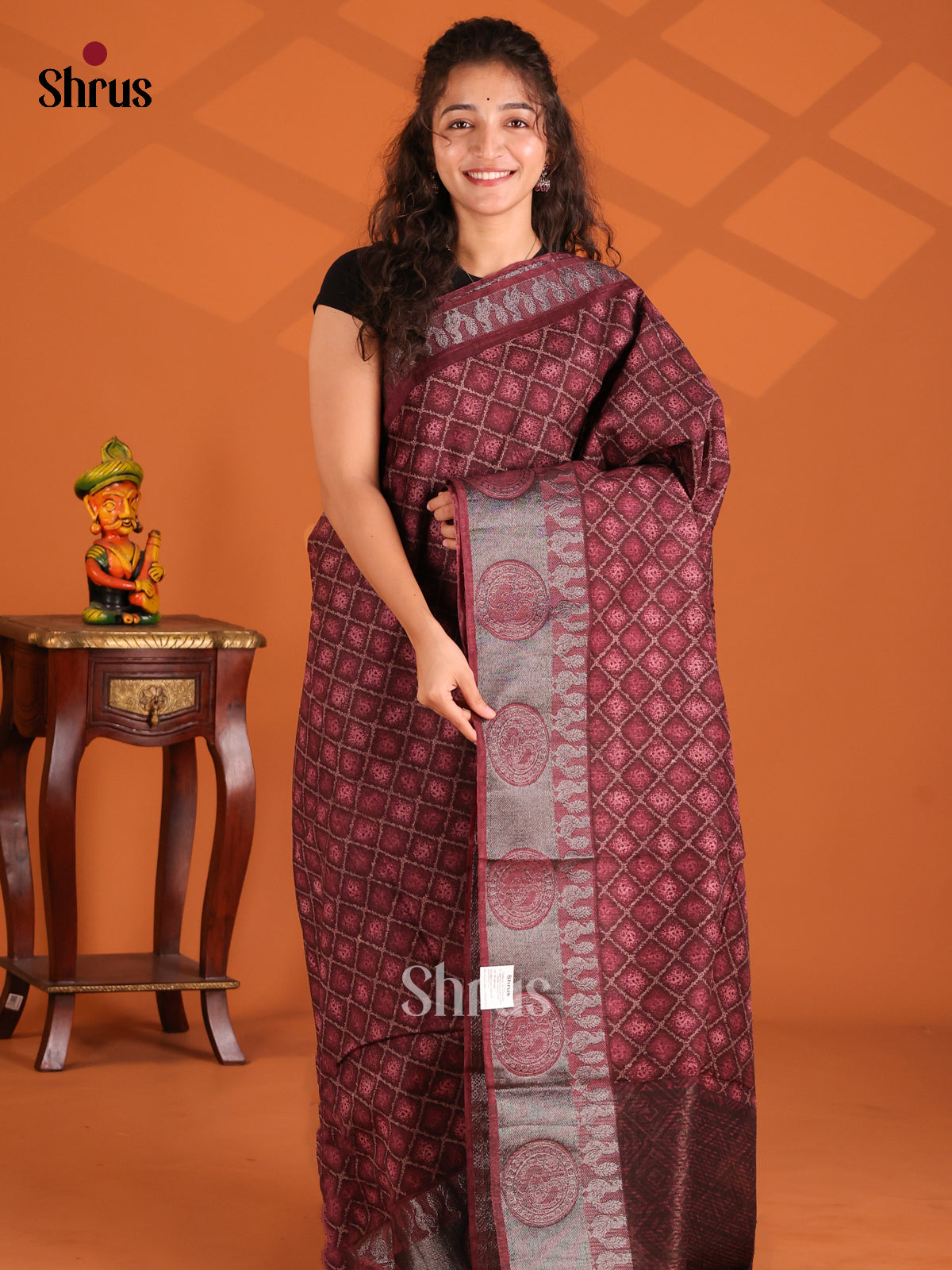 Maroon - Semi Linen Print Saree - Shop on Shrus.com