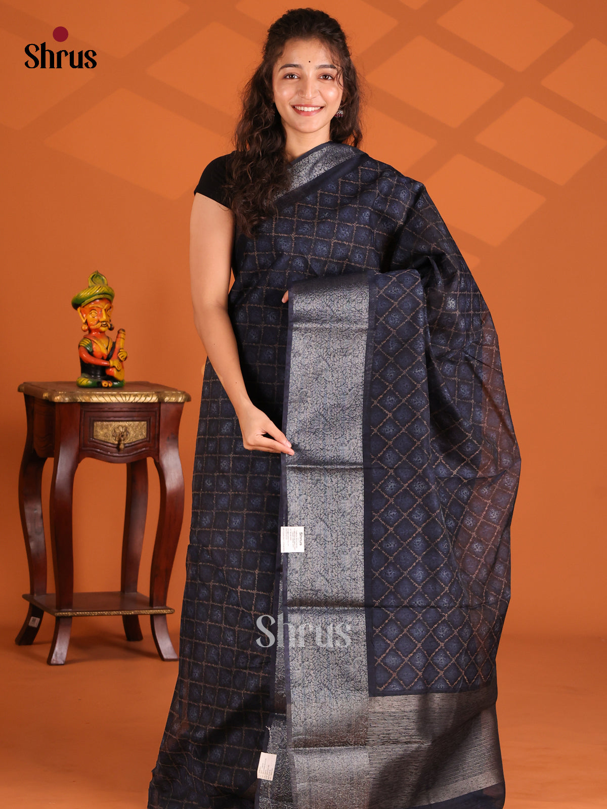 Black - Semi Linen print Saree - Shop on Shrus.com