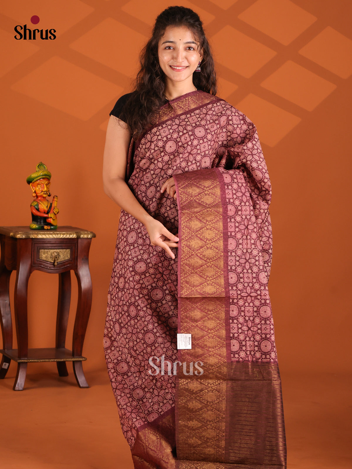 Maroon -Semi Linen print Saree - Shop on Shrus.com
