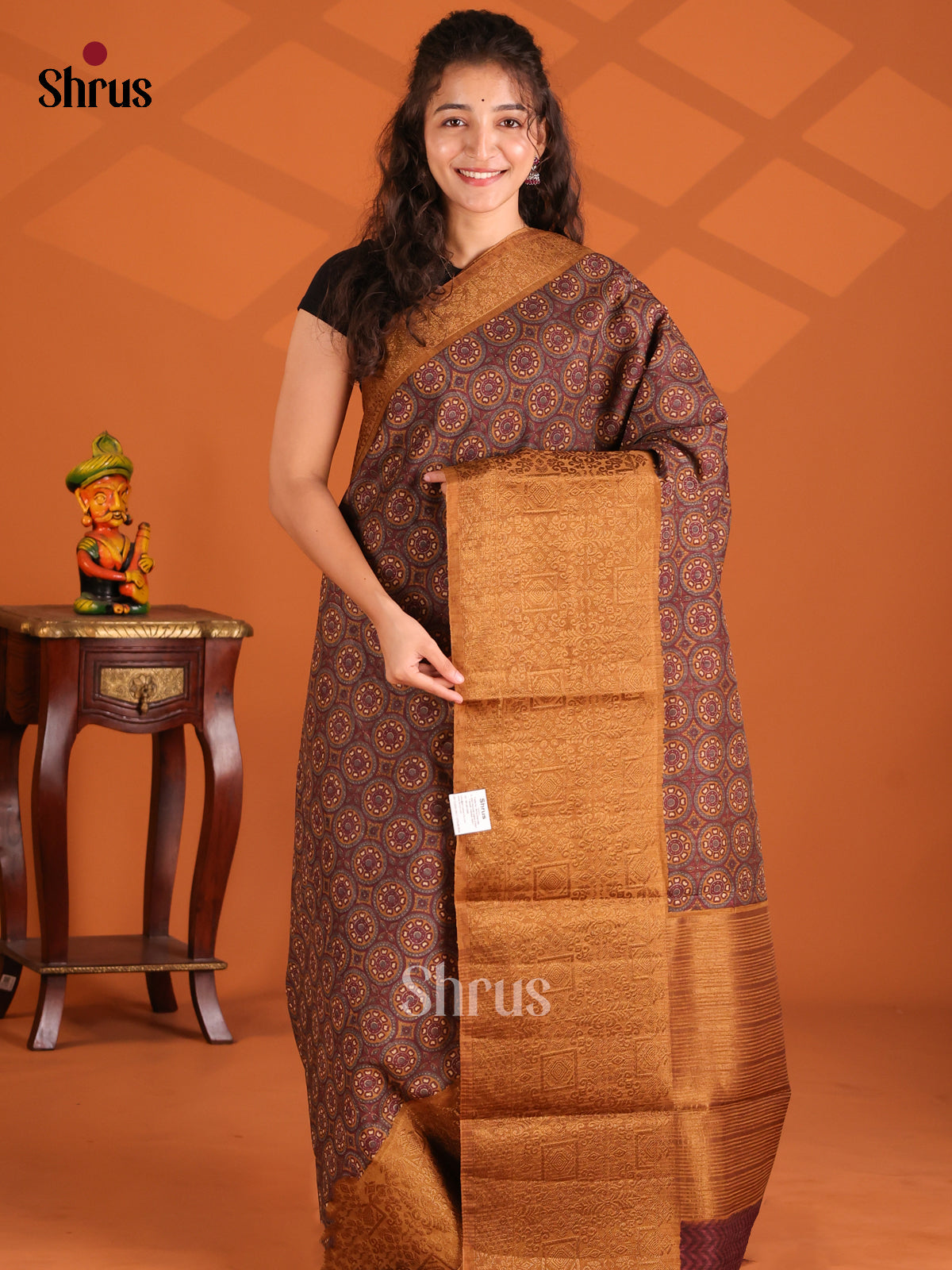 Brown & Mustard - Semi Linen Printed Saree - Shop on Shrus.com