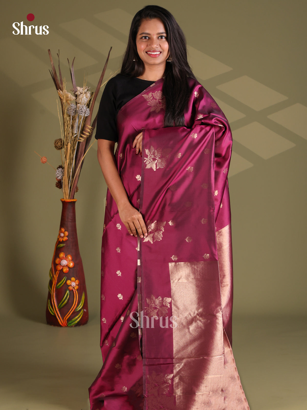 Maroon - Semi Softsilk Saree - Shop on Shrus.com