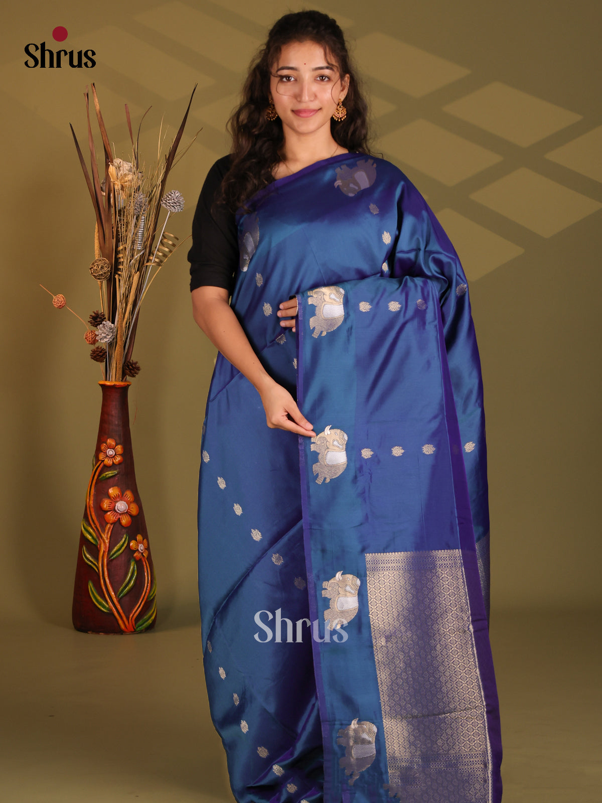 Blue - Semi Softsilk Saree - Shop on Shrus.com
