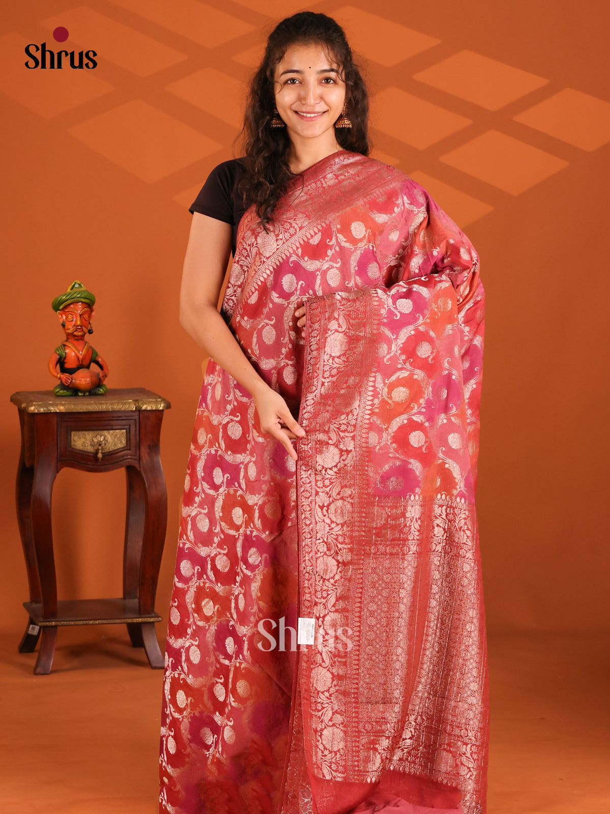 Red & Orange- Semi Georgette saree - Shop on Shrus.com
