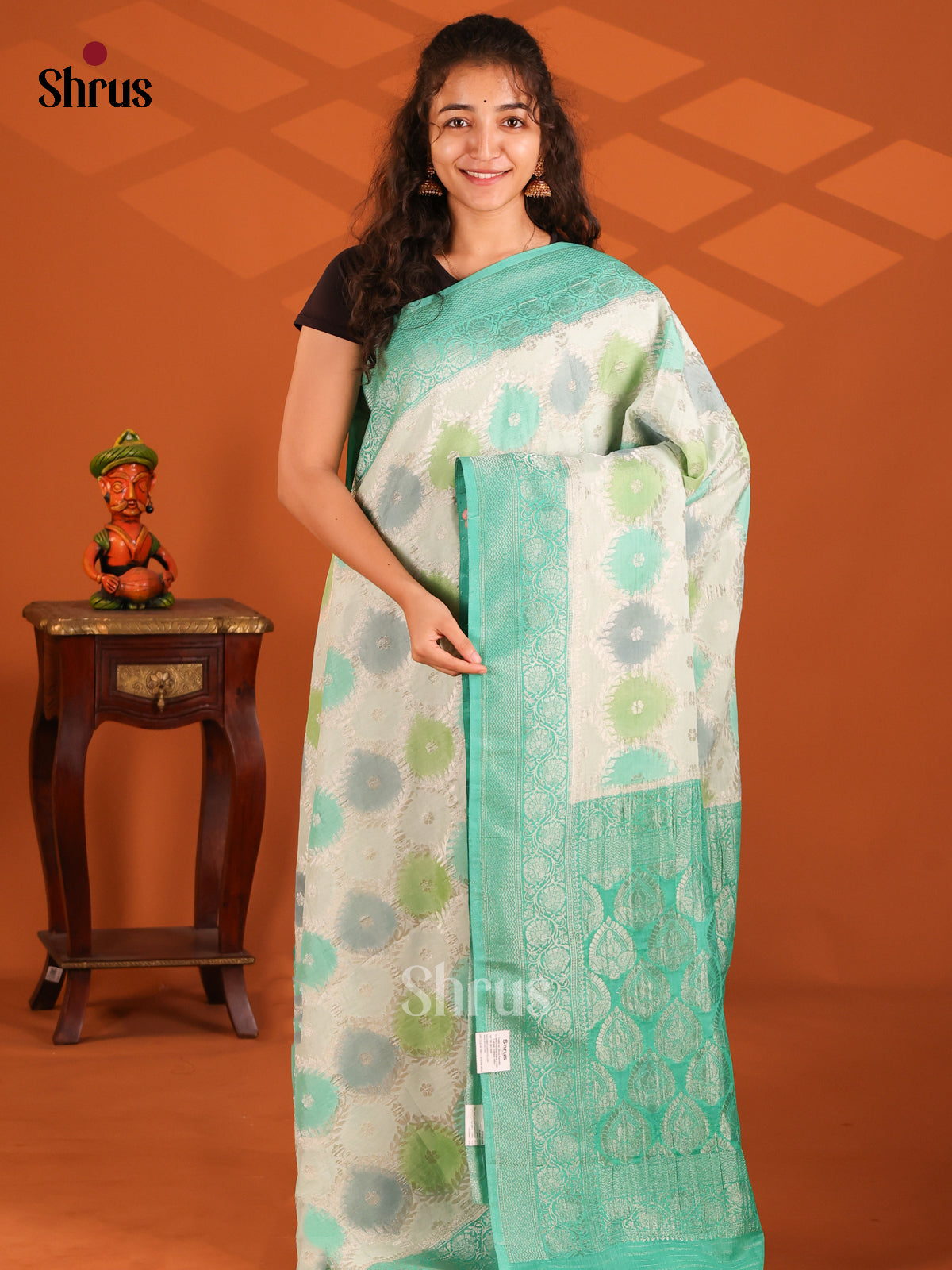 Cream & Green - Semi Georgette saree - Shop on Shrus.com