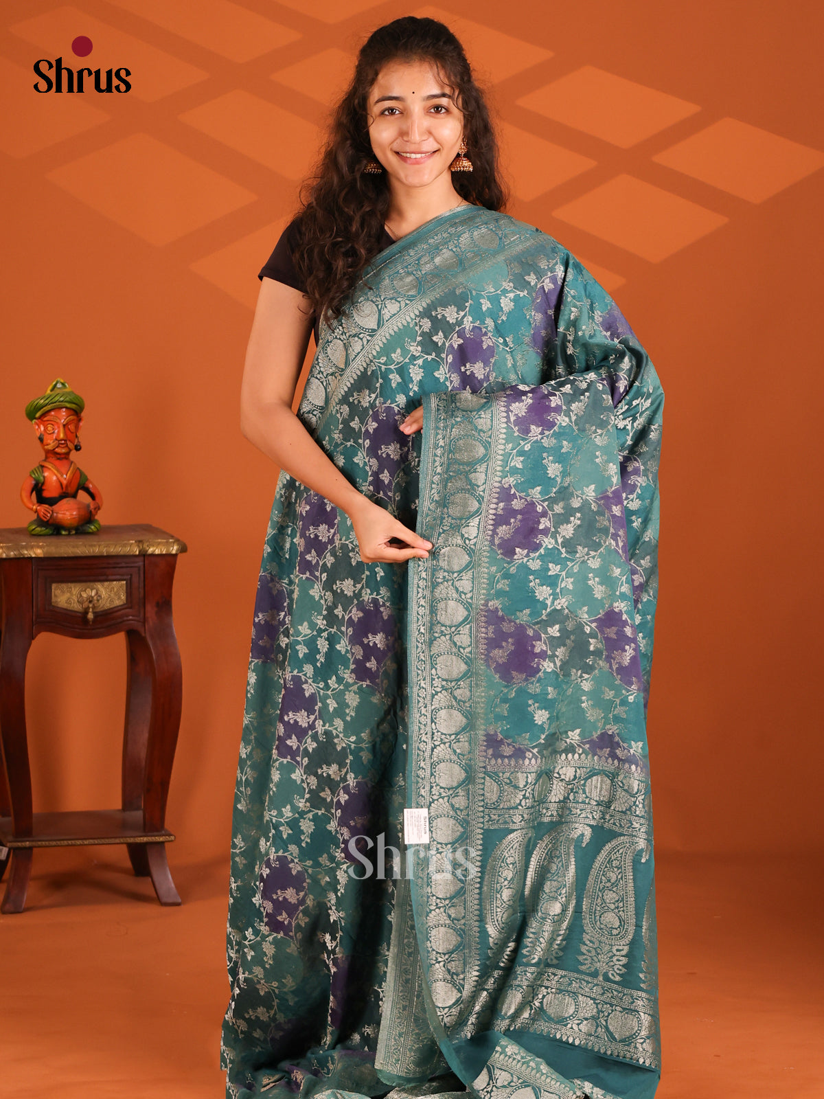 Teal & Purple - Semi Georgette saree - Shop on Shrus.com