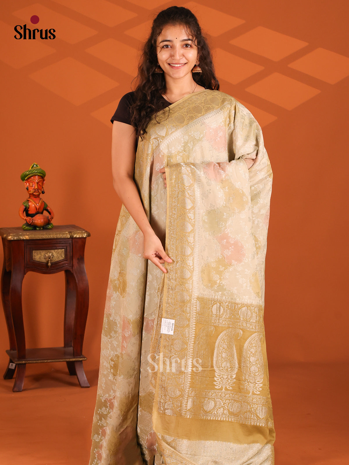 Cream & Sandal - Semi Georgette saree - Shop on Shrus.com