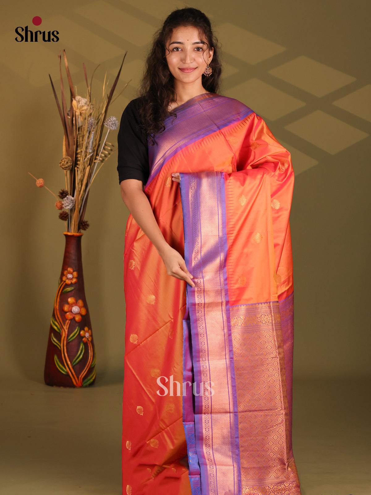 Orange & Purple - Semi Softsilk Saree - Shop on Shrus.com