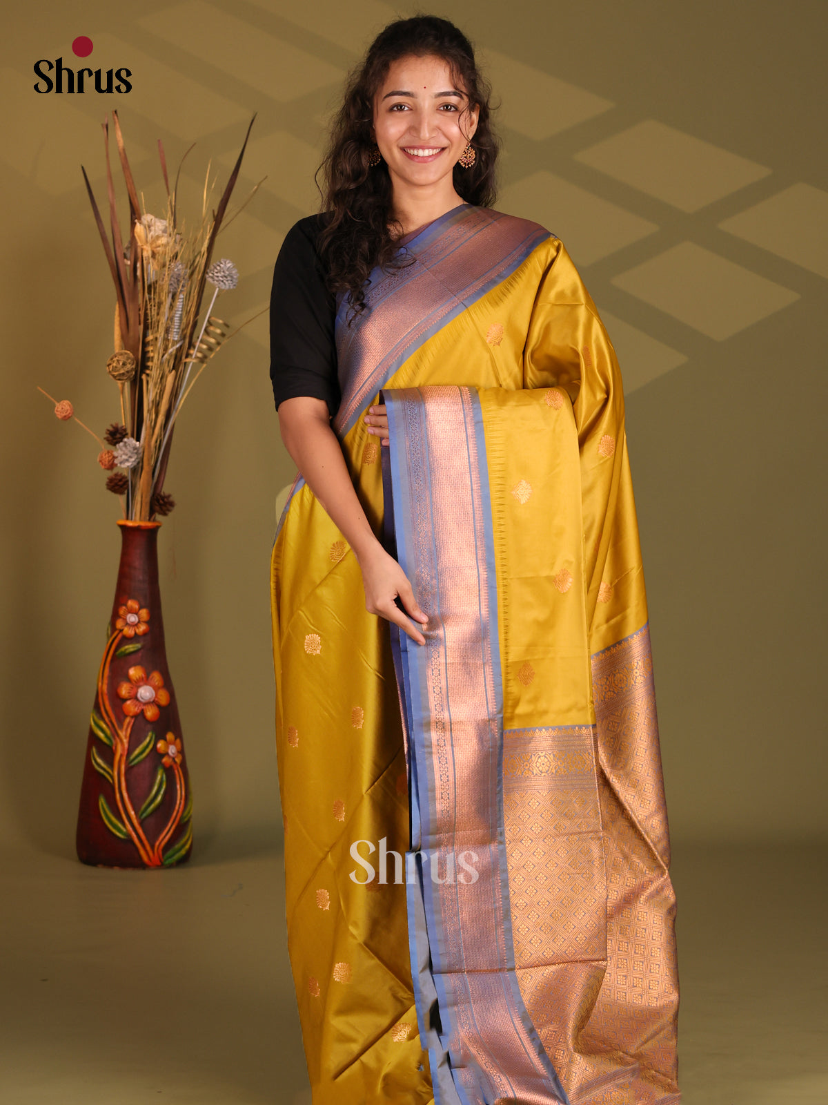 Mustard & Blue - Semi Softsilk Saree - Shop on Shrus.com