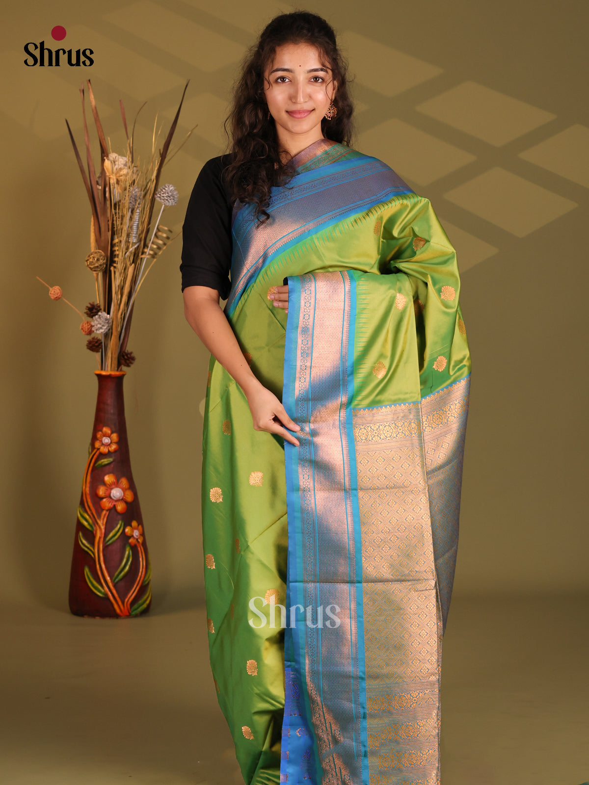 Light Green & Blue - Semi Softsilk Saree - Shop on Shrus.com
