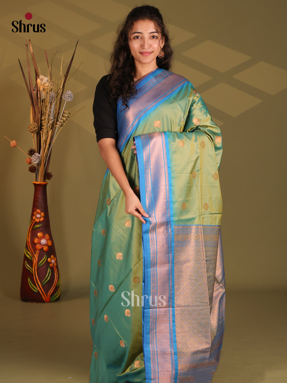 Green & Blue- Semi Softsilk Saree - Shop on Shrus.com