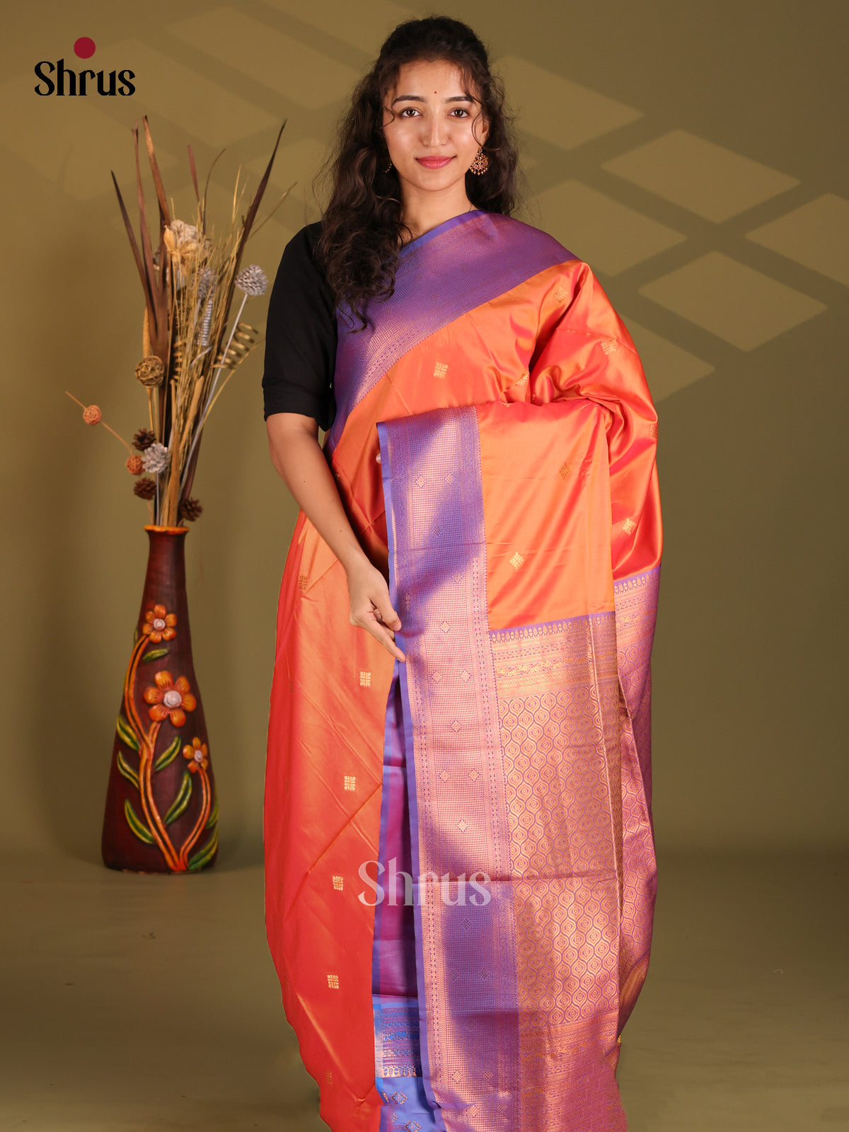 Orange & Purple - Semi Softsilk Saree - Shop on Shrus.com