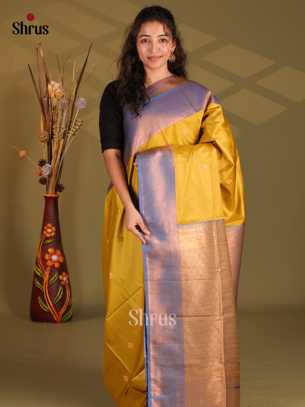 Mustard & Blue - Semi Softsilk Saree - Shop on Shrus.com