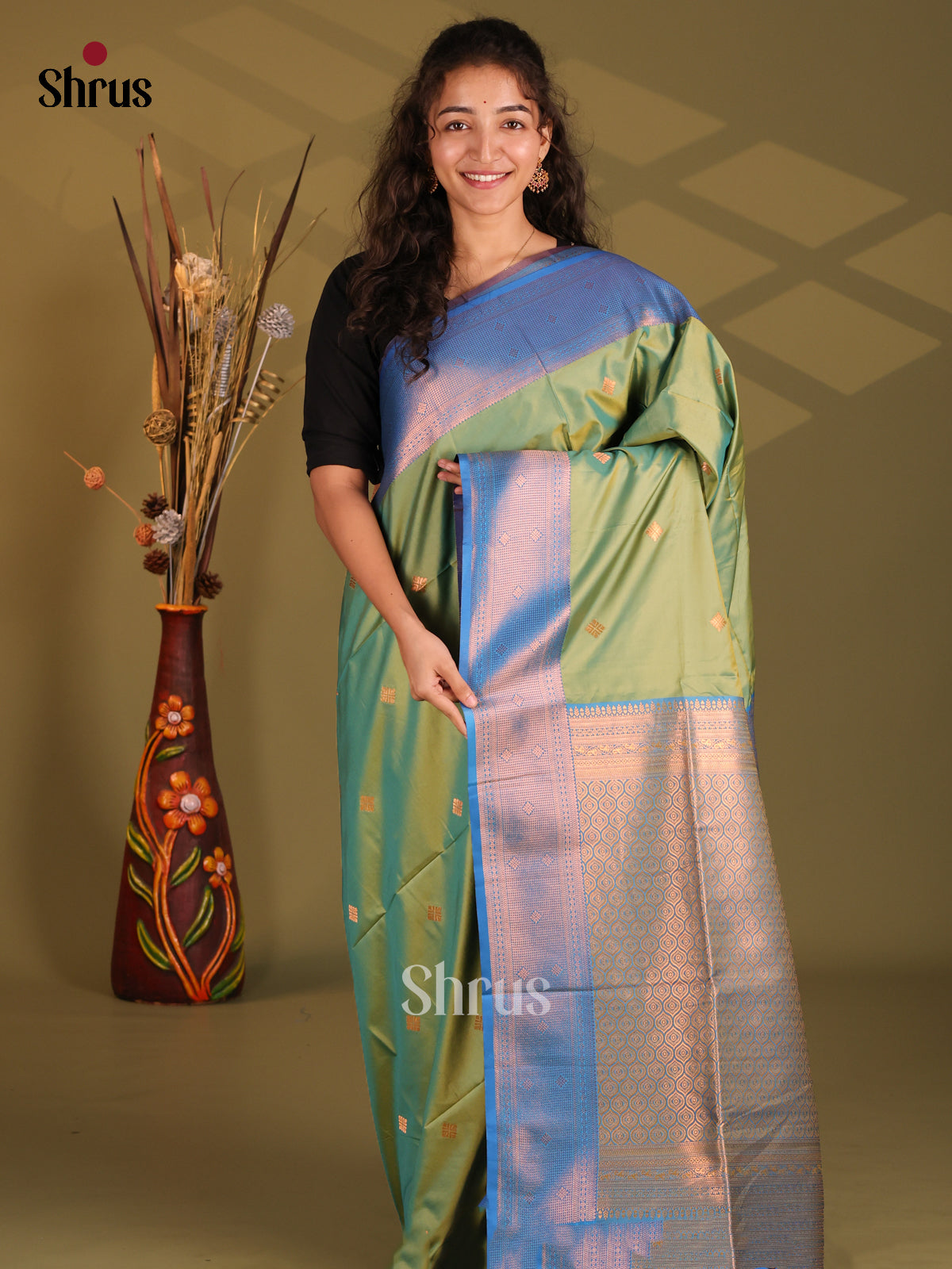 Green & Blue - Semi Softsilk Saree - Shop on Shrus.com