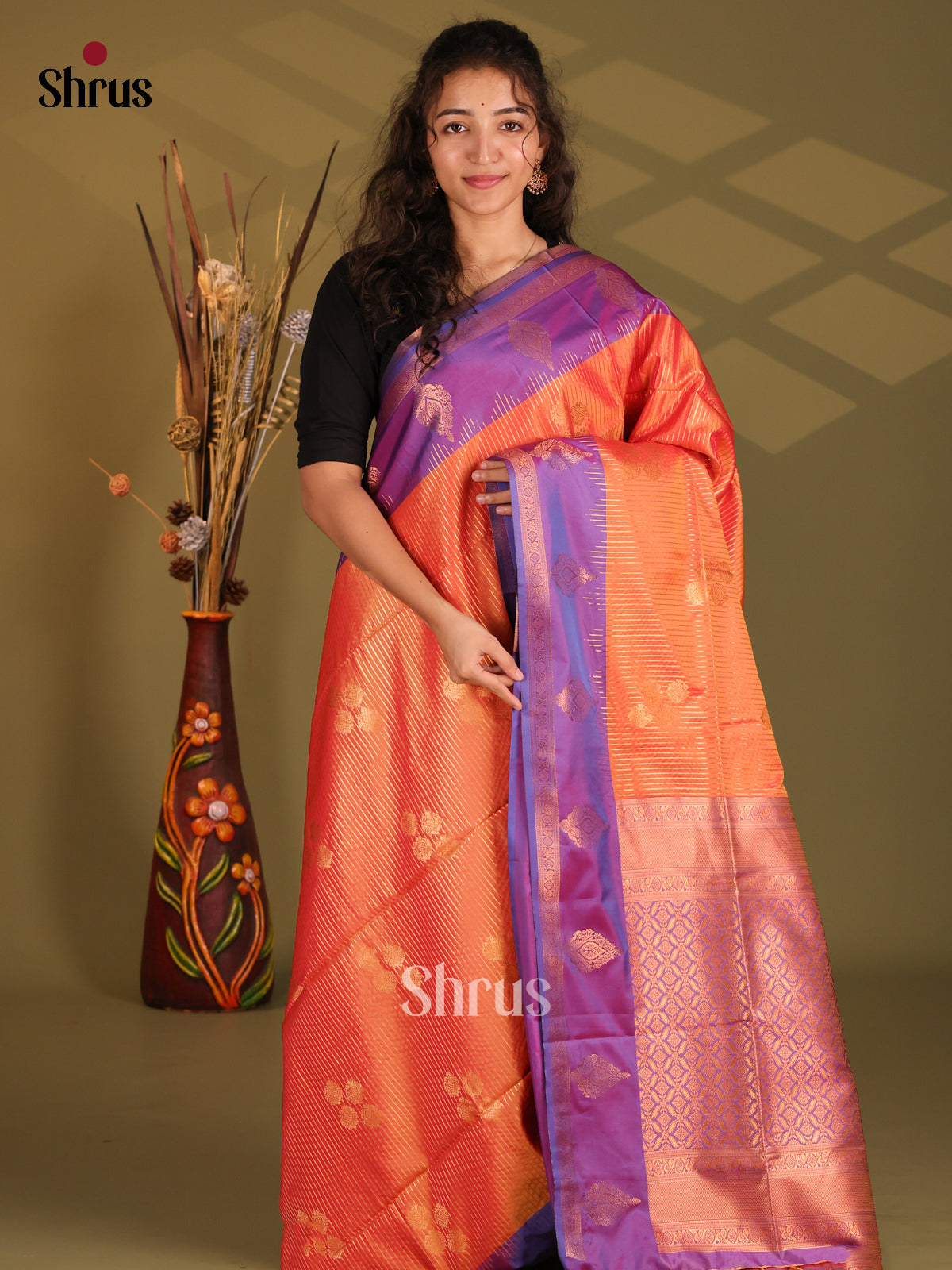 Orange & Purple - Semi Softsilk Saree - Shop on Shrus.com