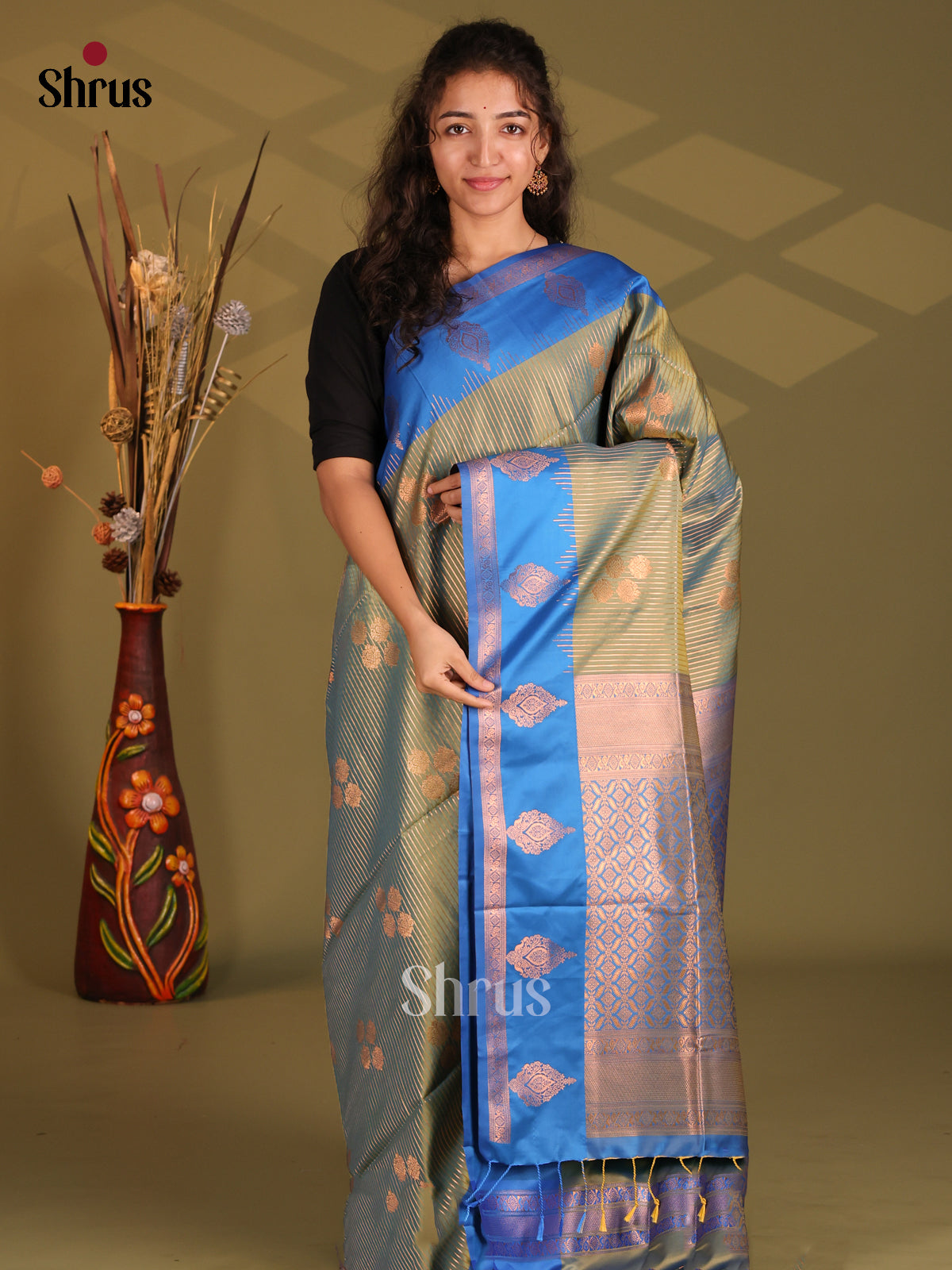 Green & Blue - Semi Softsilk Saree - Shop on Shrus.com