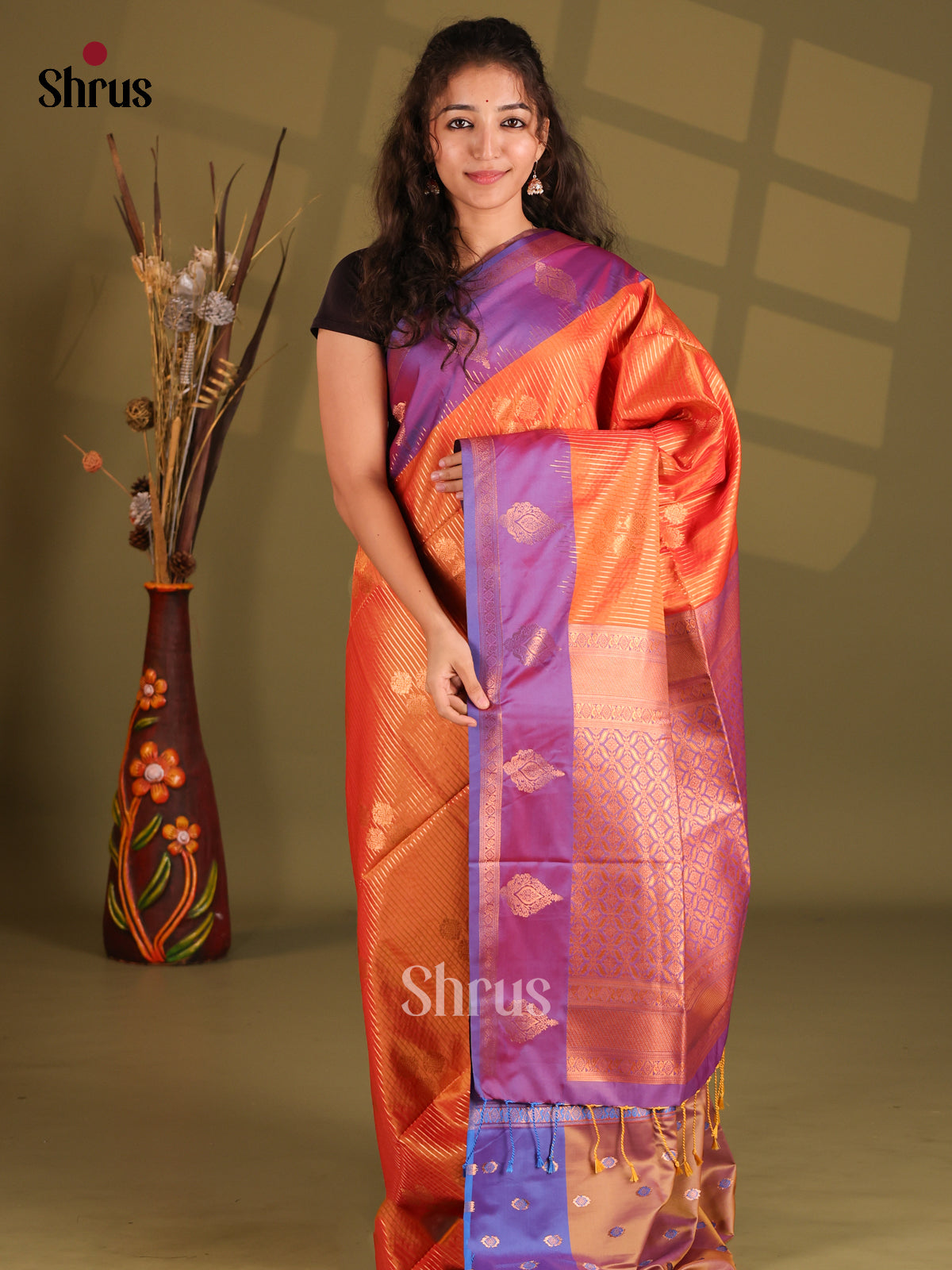 Orange & Purple- Semi Softsilk Saree - Shop on Shrus.com