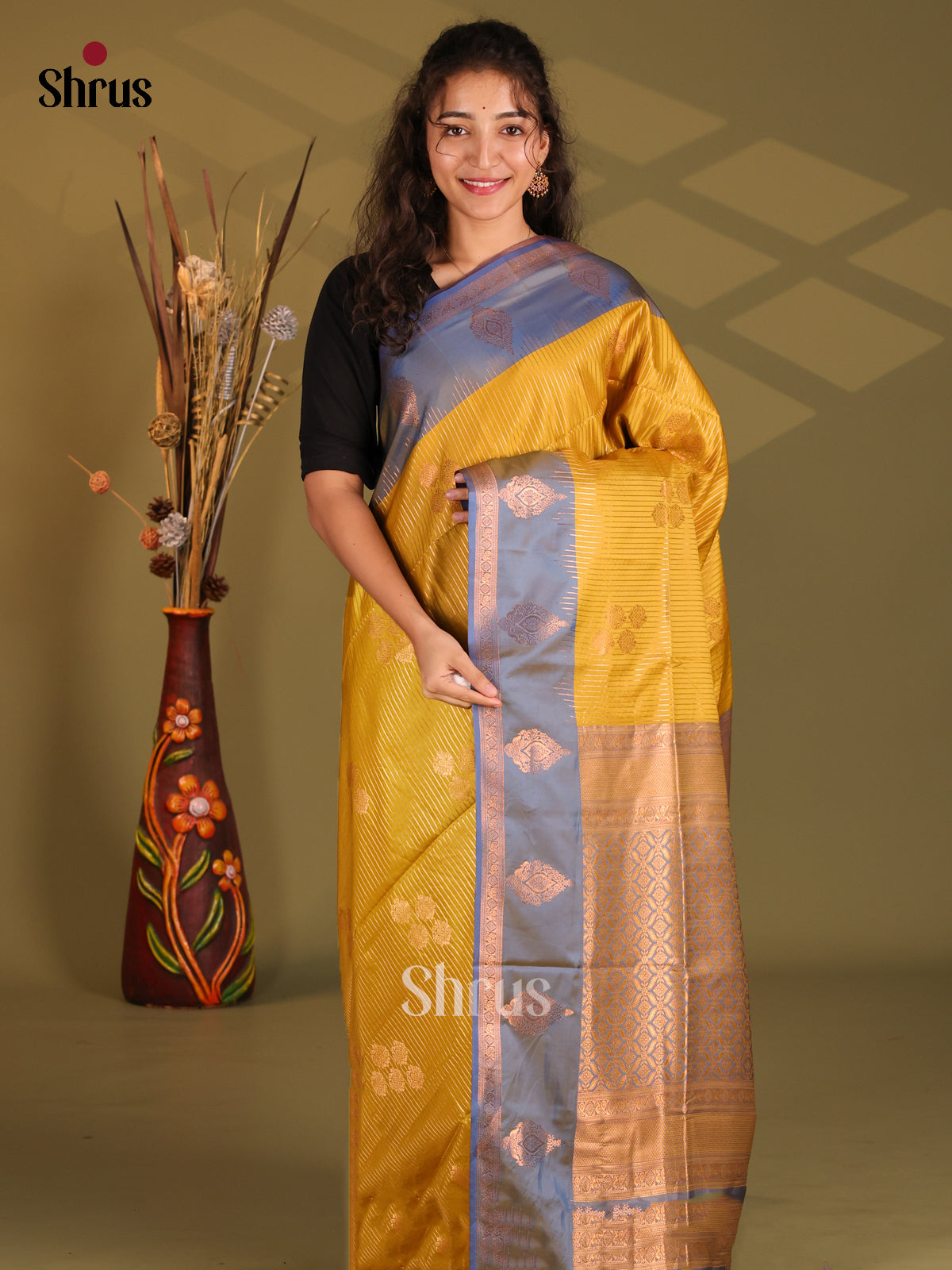 Mustard & Blue - Semi Softsilk Saree - Shop on Shrus.com