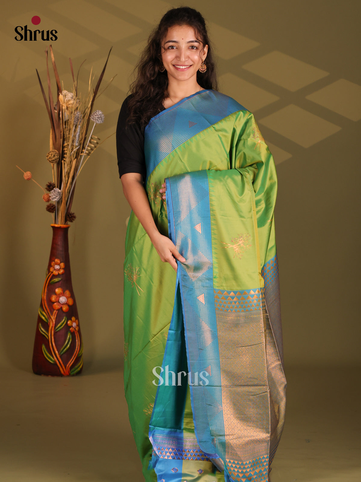 Light Green & Blue - Semi Softsilk Saree - Shop on Shrus.com