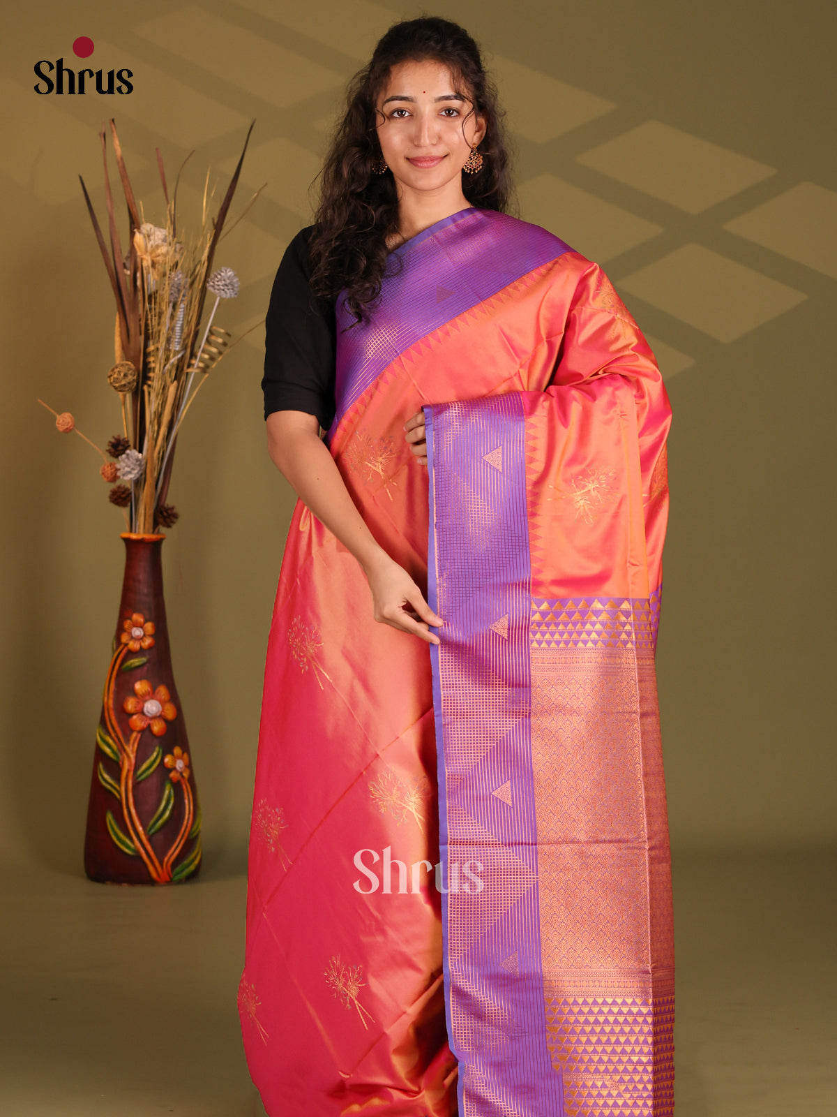 Orangish Pink & Purple - Semi Softsilk Saree - Shop on Shrus.com