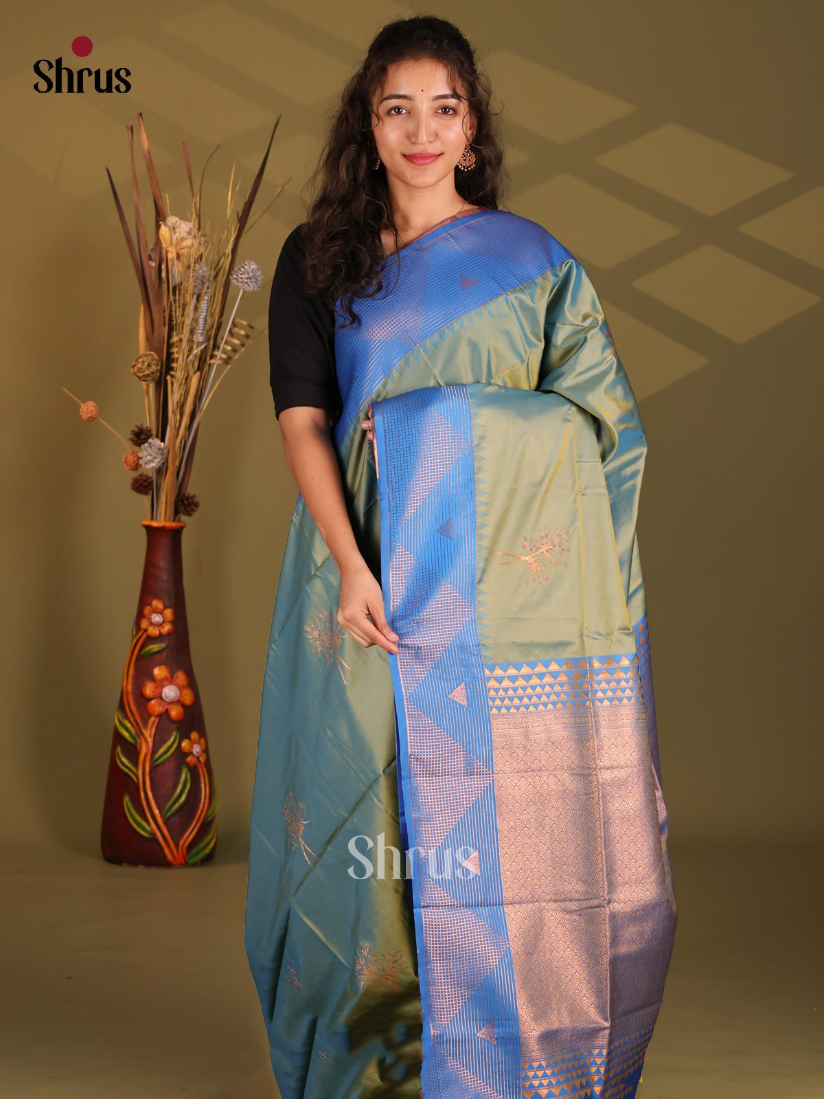 Green & Blue - Semi Softsilk Saree - Shop on Shrus.com