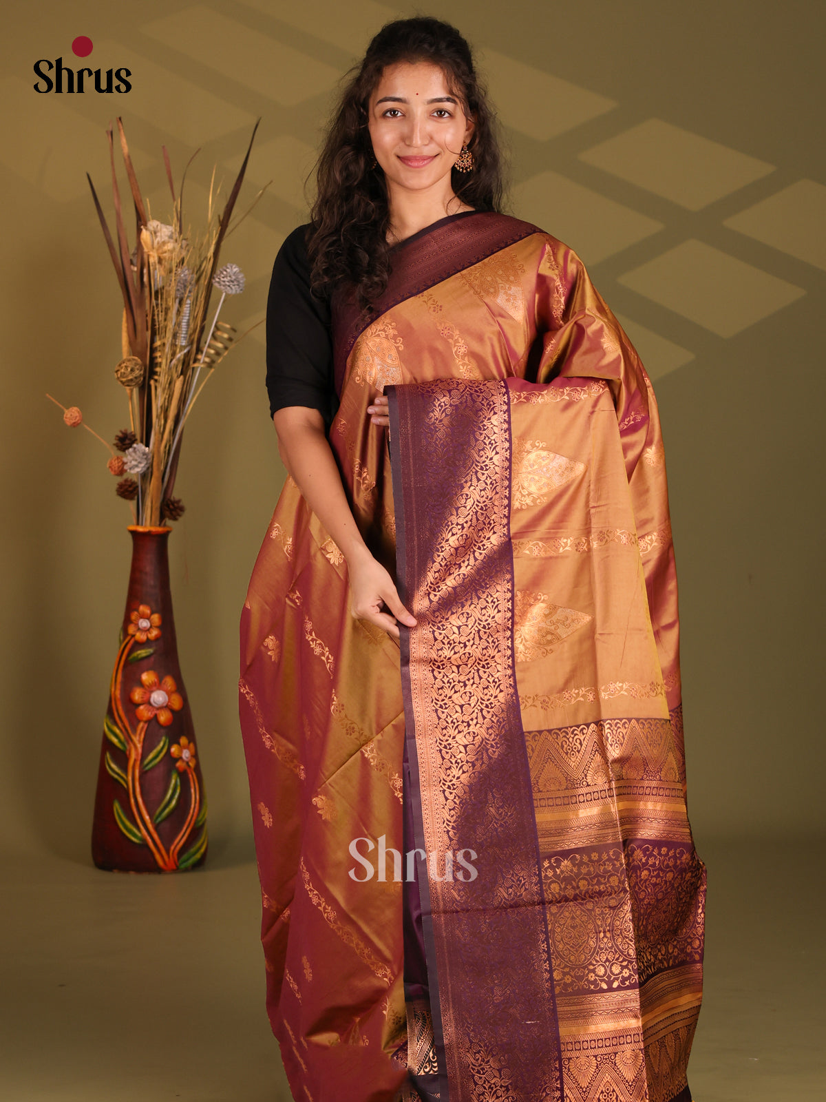 Double Shaded brown & Purple - Semi Softsilk Saree - Shop on Shrus.com