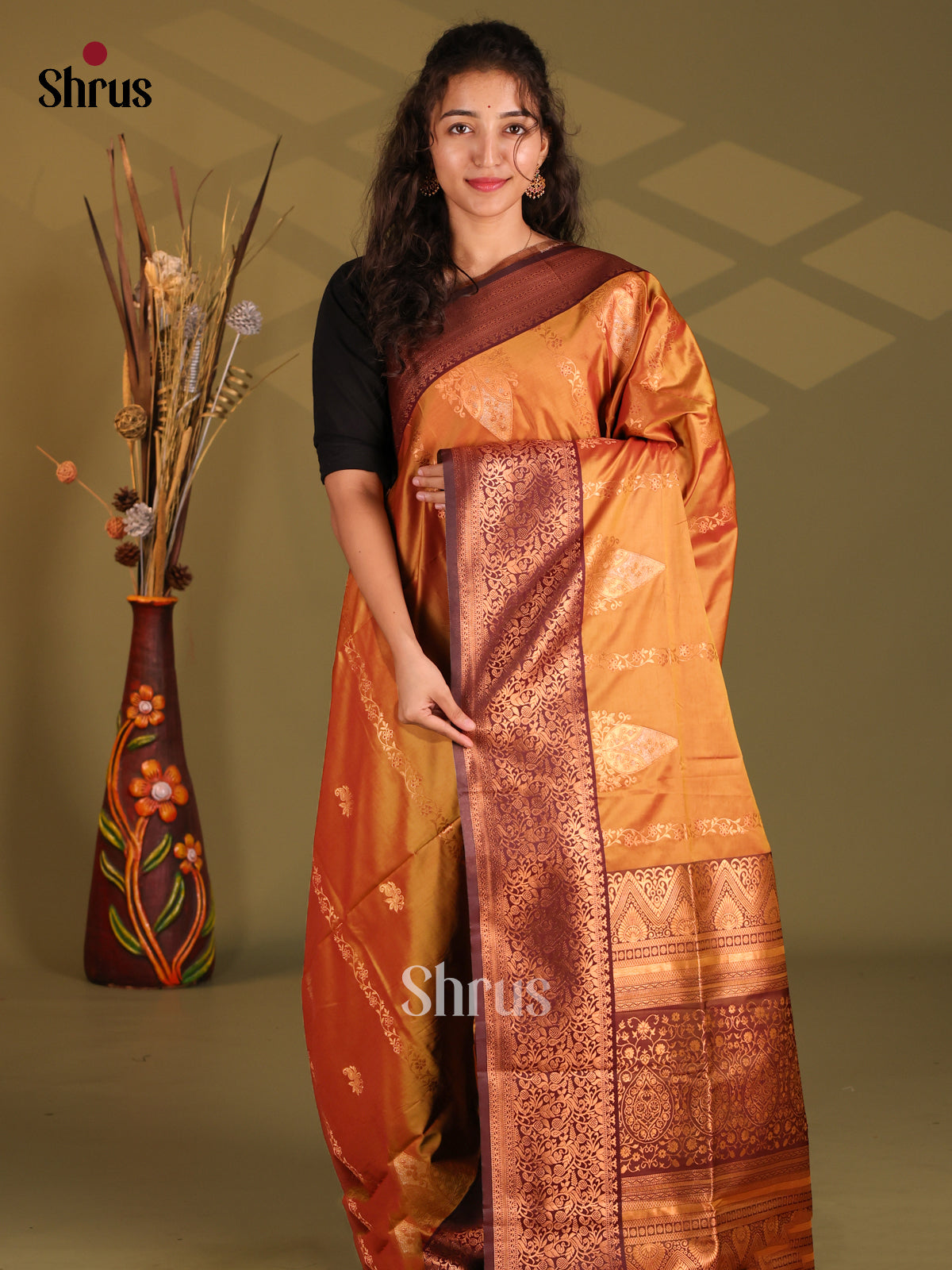 Orange & Brown - Semi Softsilk Saree - Shop on Shrus.com