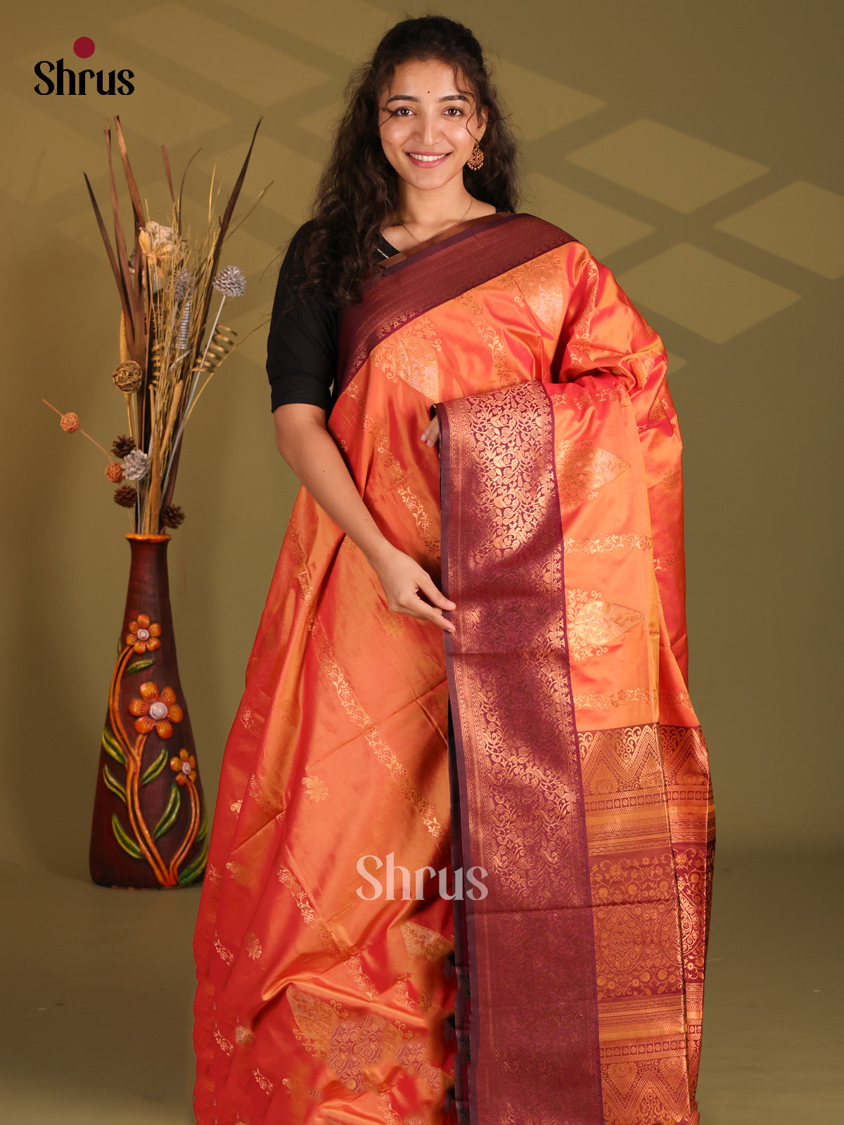 Orange & Maroon - Semi Softsilk Saree - Shop on Shrus.com