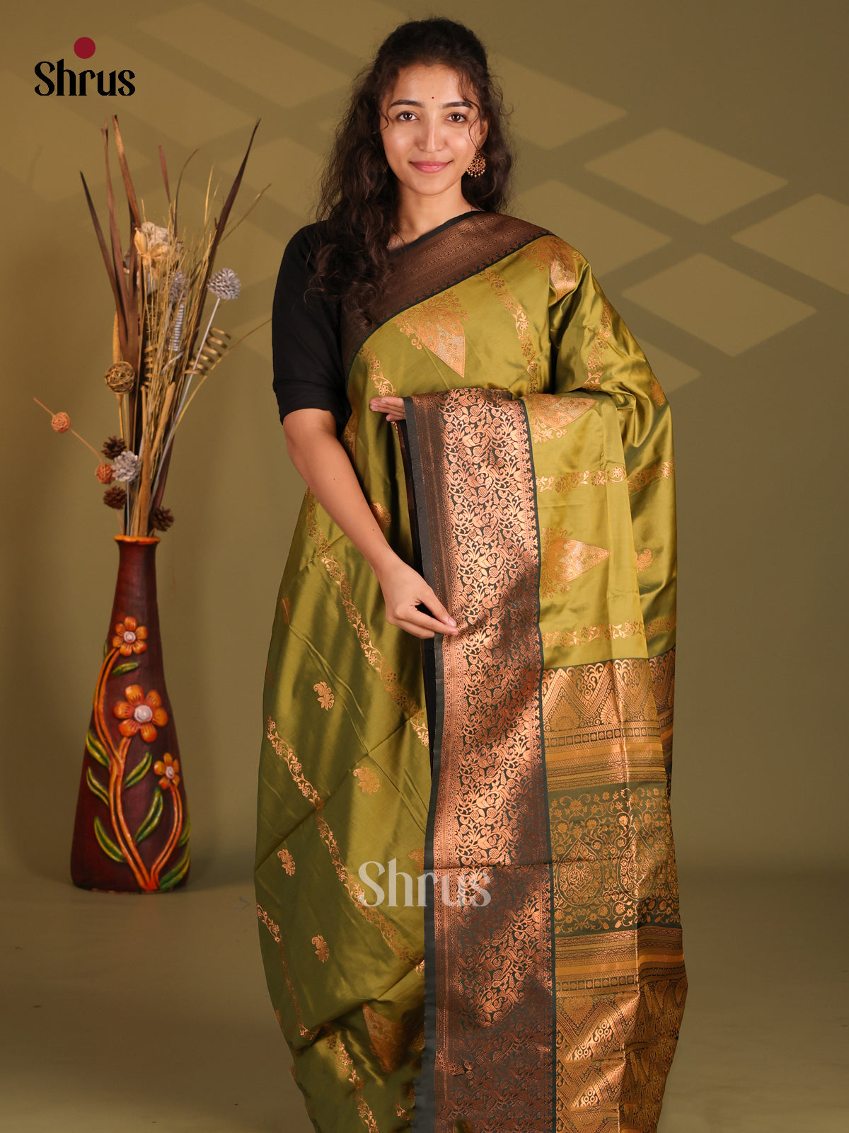 Mehandi Green & Green - Semi Softsilk Saree - Shop on Shrus.com