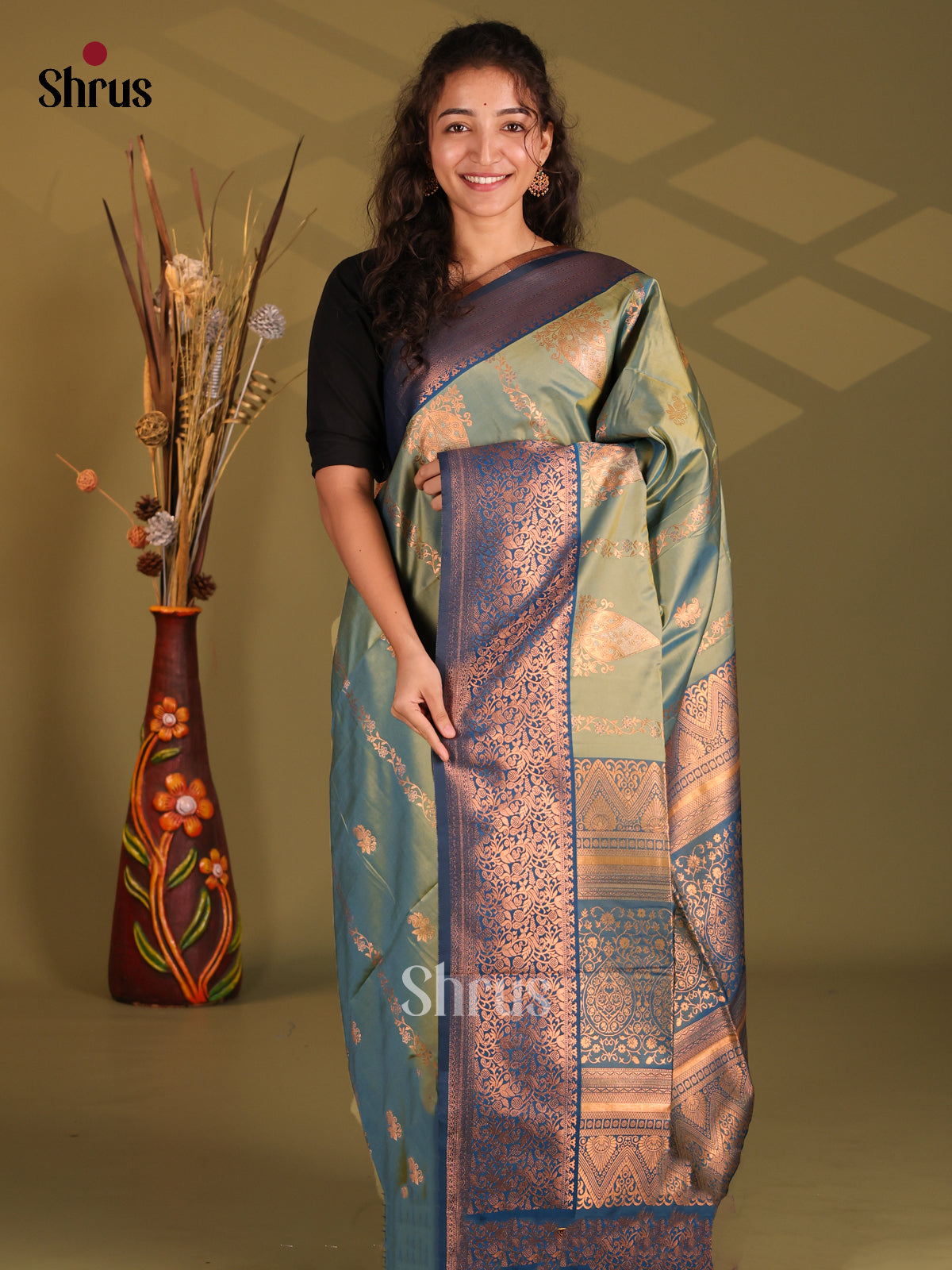 Green & Blue - Semi Softsilk Saree - Shop on Shrus.com