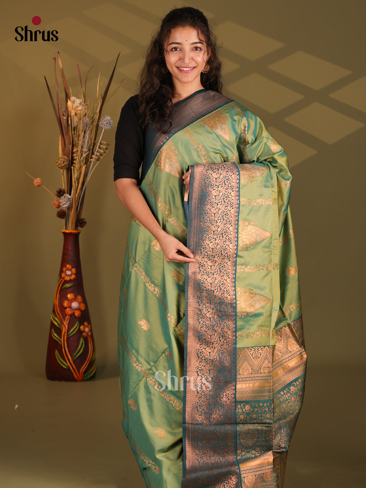 Green & Dark Green- Semi Softsilk Saree - Shop on Shrus.com
