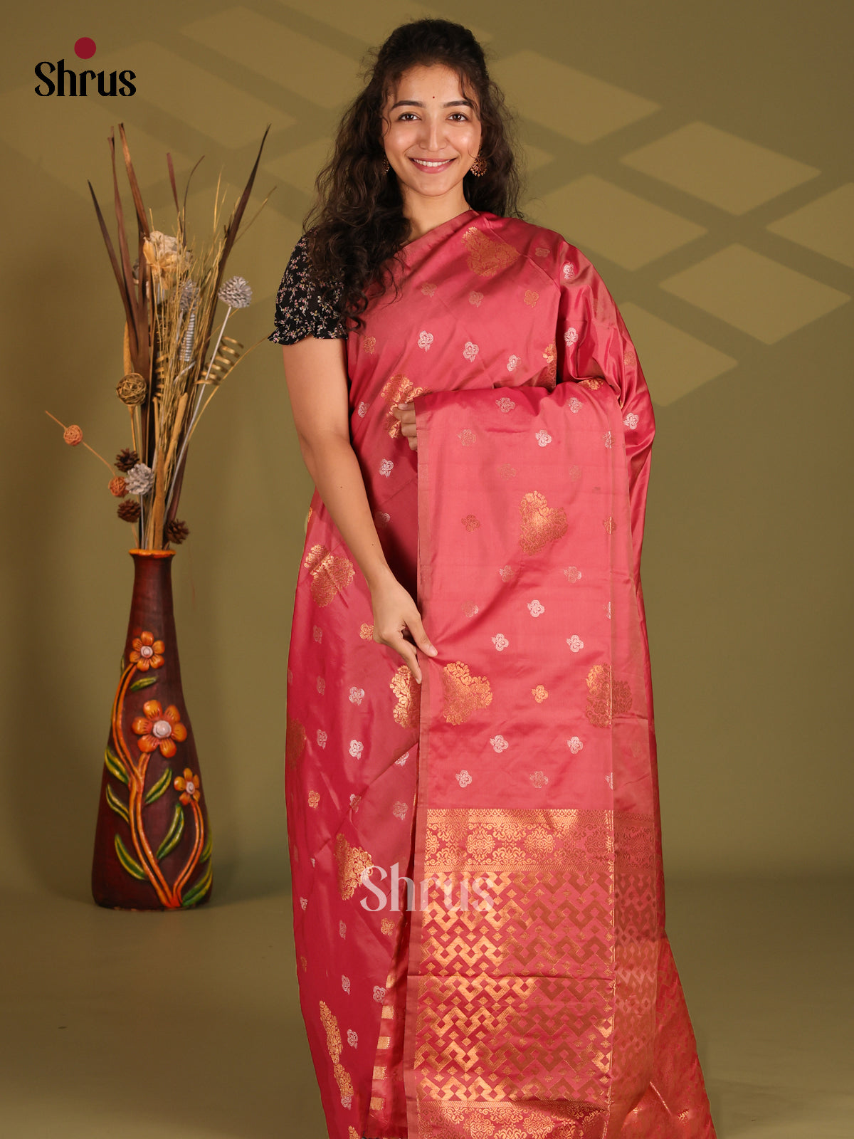 Red - Semi Softsilk Saree - Shop on Shrus.com