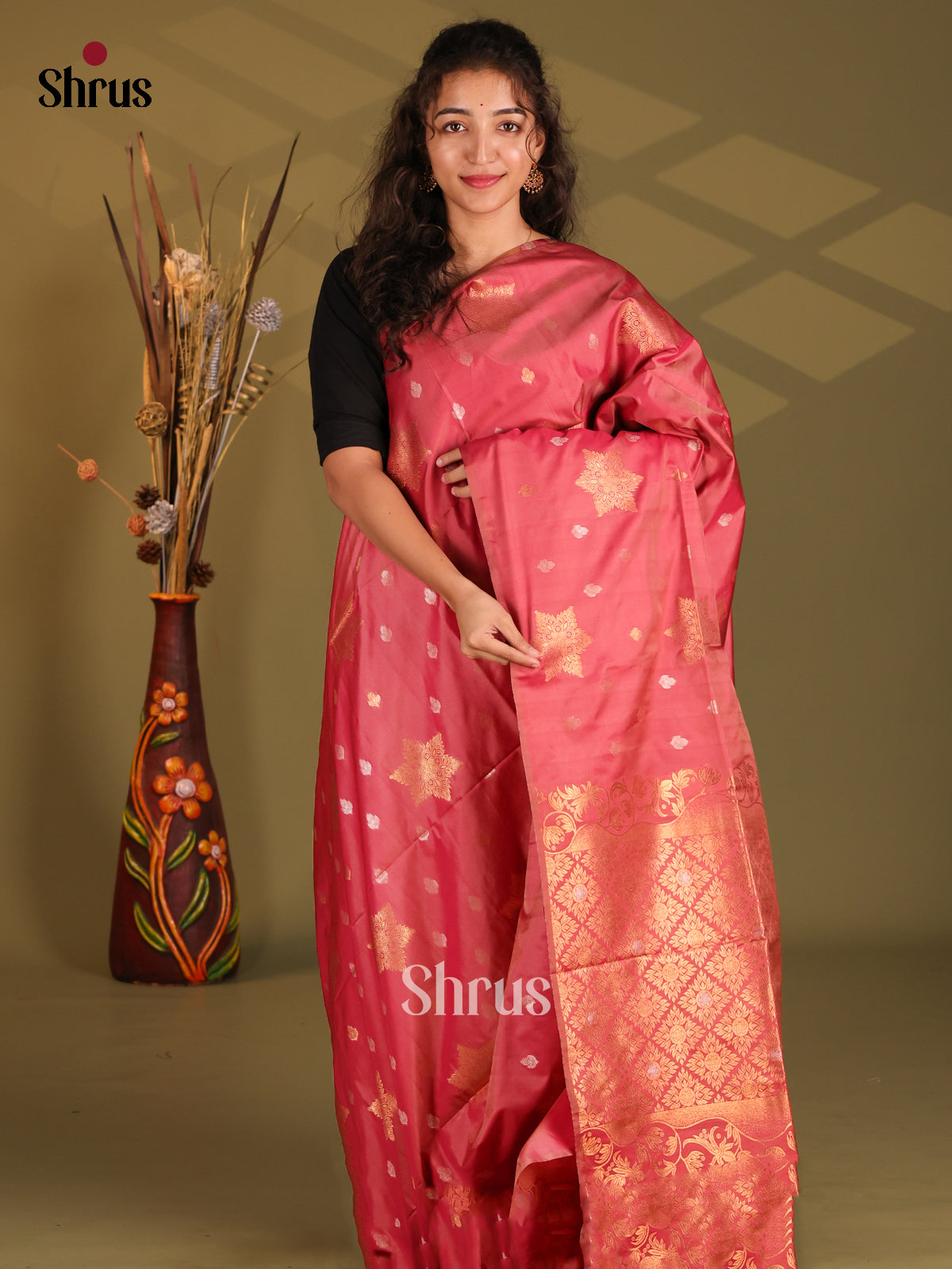 Red - Semi Softsilk Saree - Shop on Shrus.com