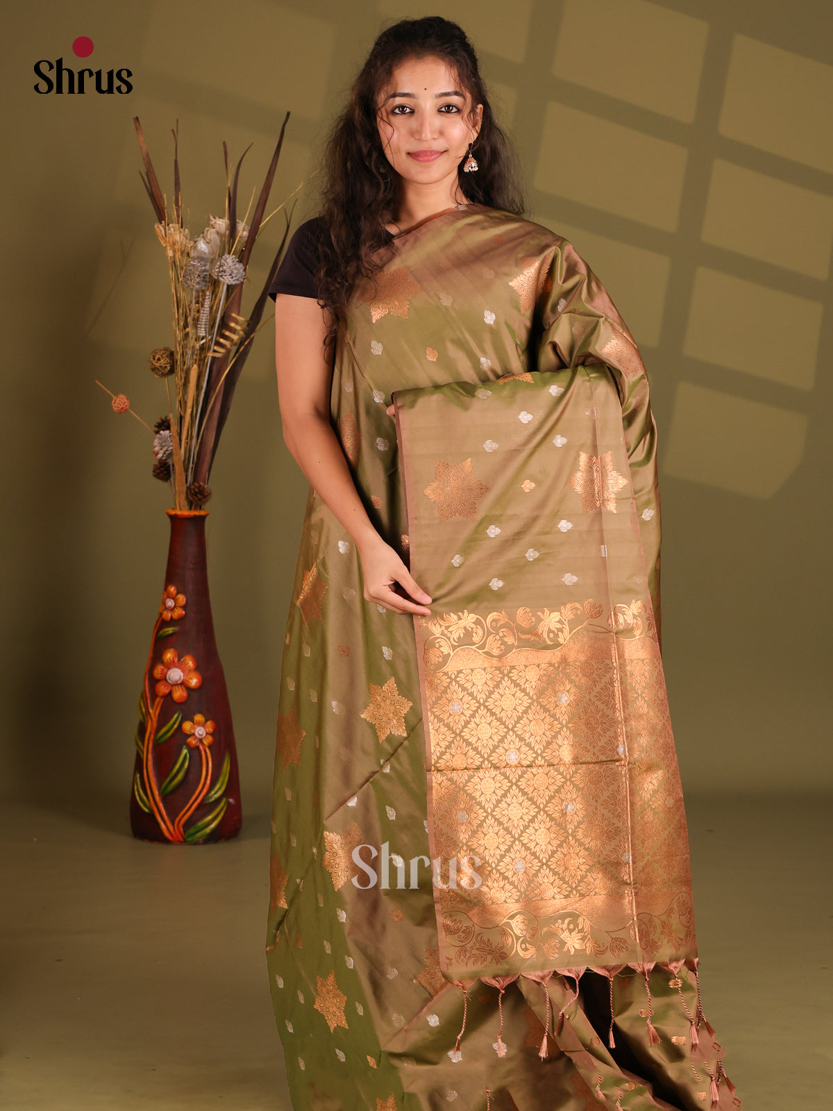 Mehandi Green- Semi Softsilk Saree - Shop on Shrus.com