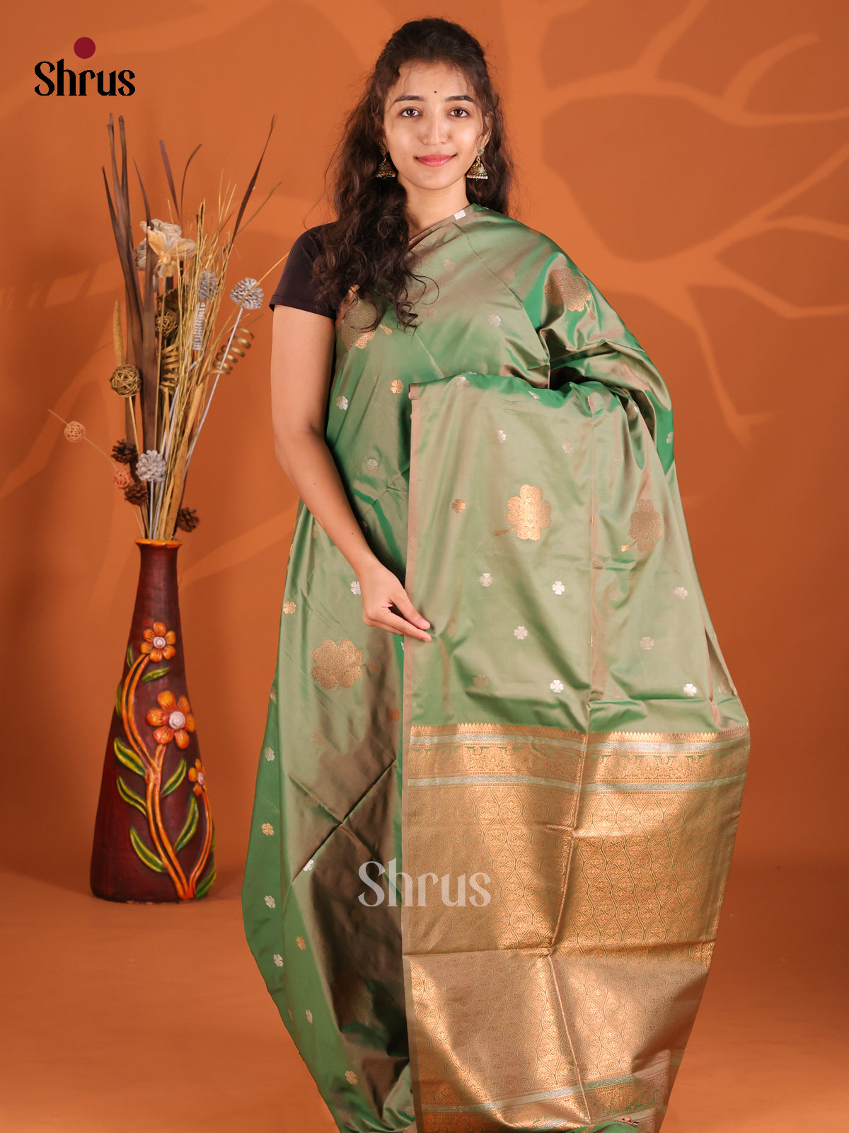 Green - Semi Softsilk Saree - Shop on Shrus.com