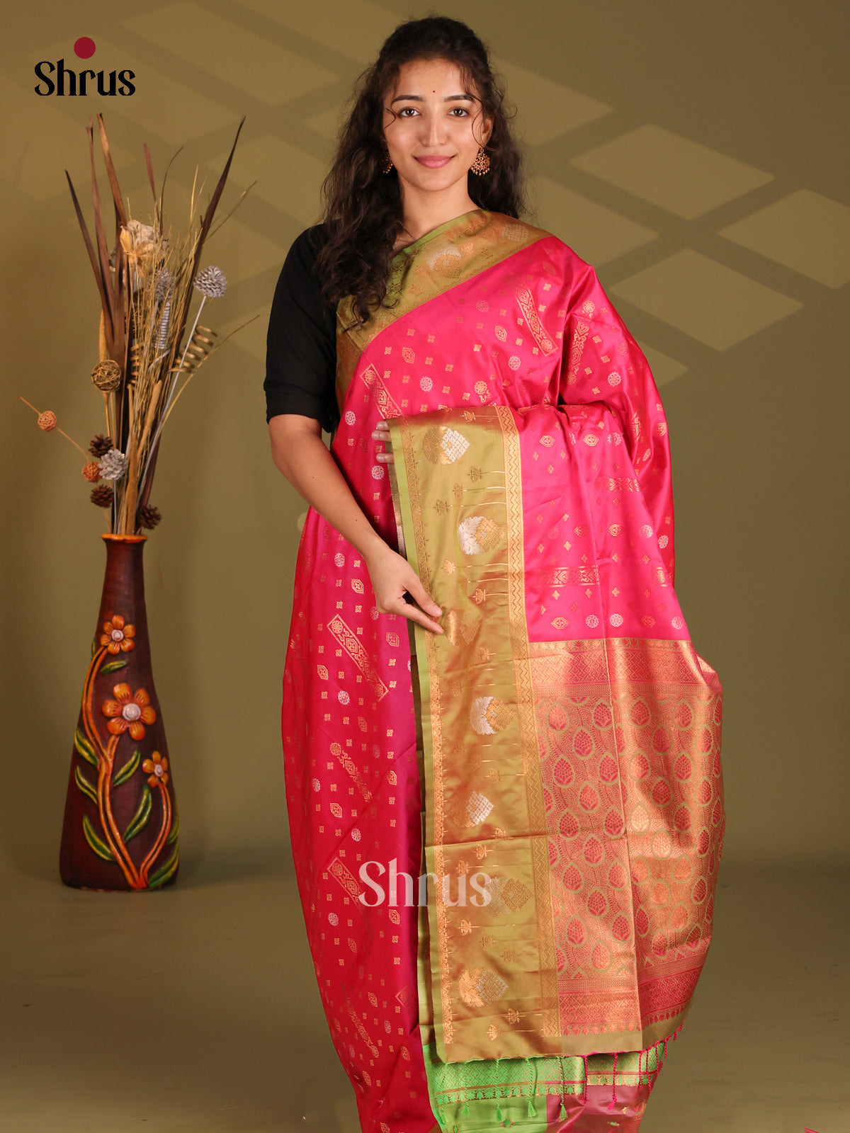 Pink & Green- Semi Softsilk Saree - Shop on Shrus.com
