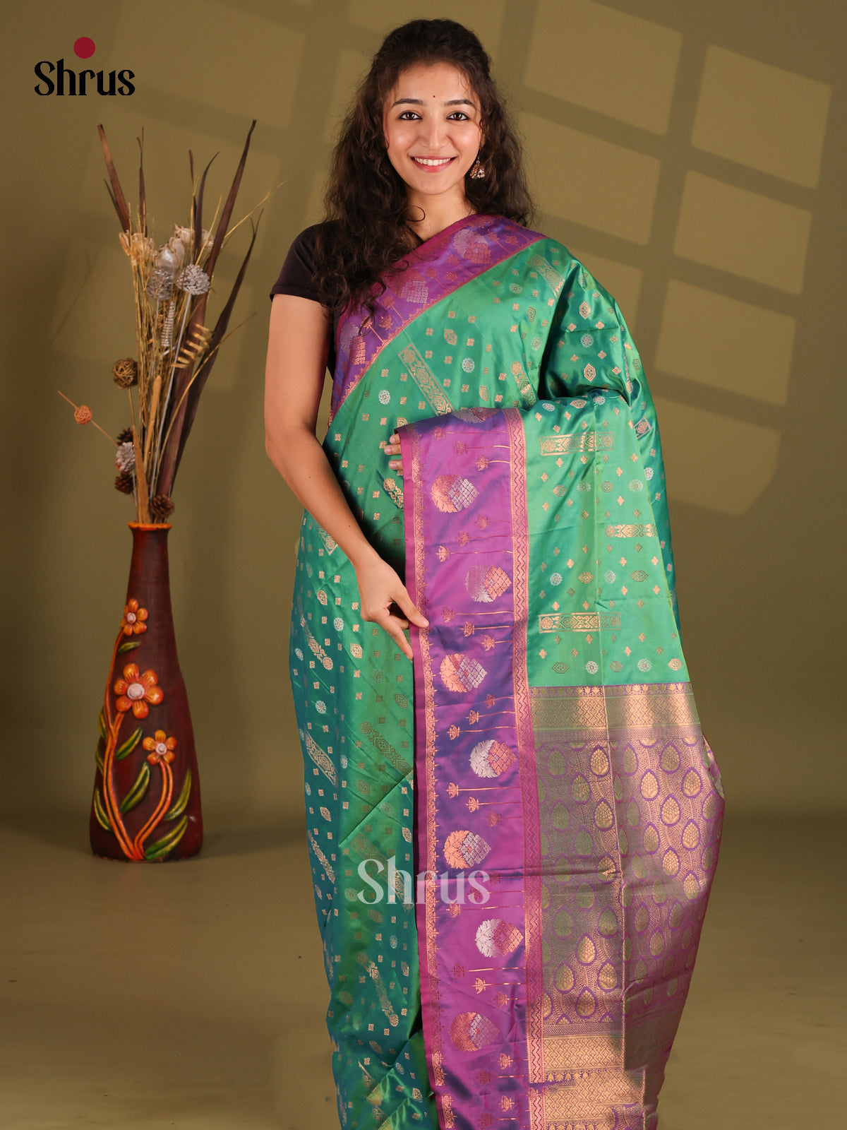 Green & Purple - Semi Softsilk Saree - Shop on Shrus.com
