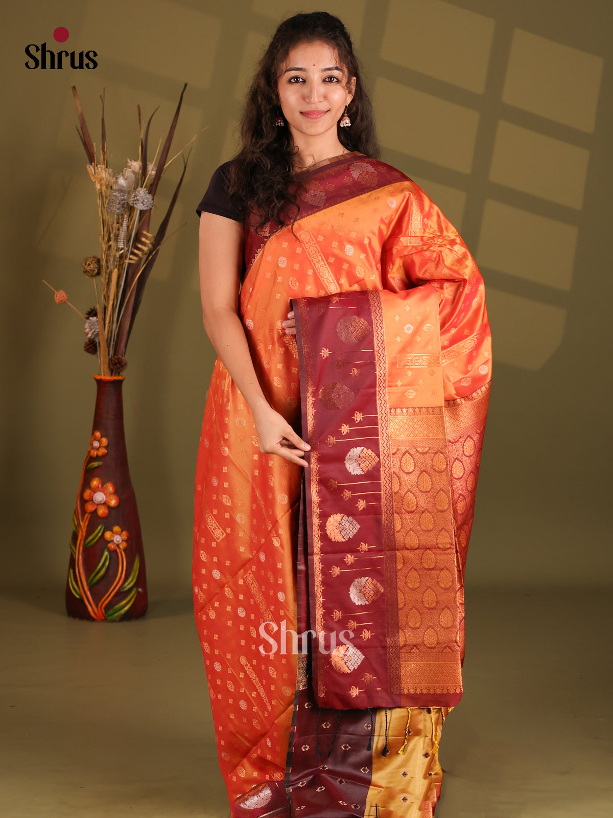 Orange & Arakku Maroon - Semi Softsilk Saree - Shop on Shrus.com