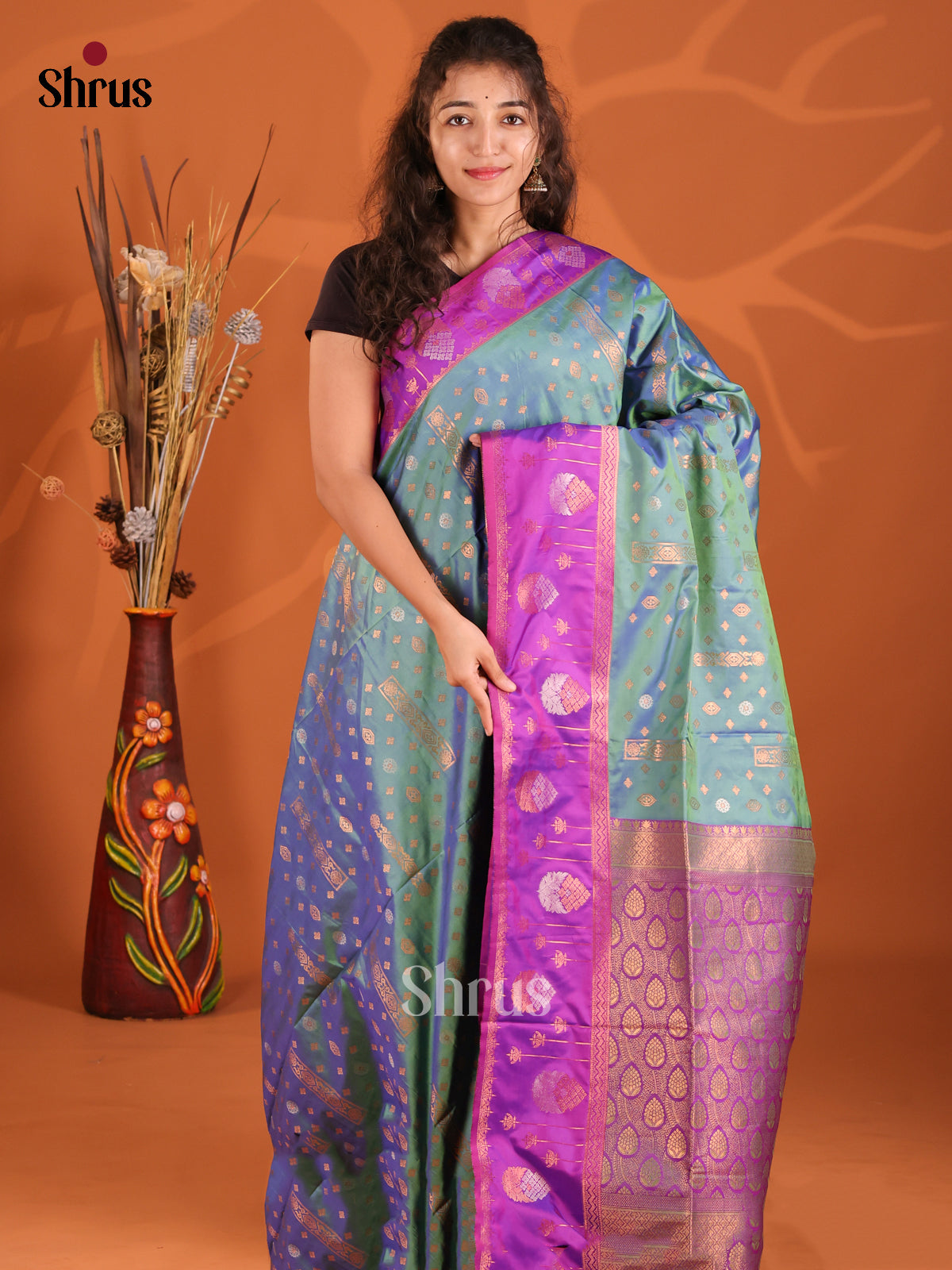 Green & Purple - Semi Softsilk saree - Shop on Shrus.com