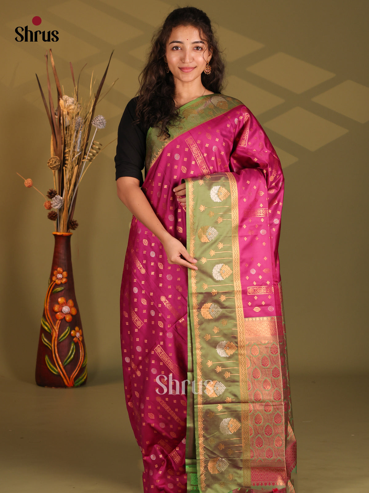 Maroon & Green - Semi Softsilk Saree - Shop on Shrus.com