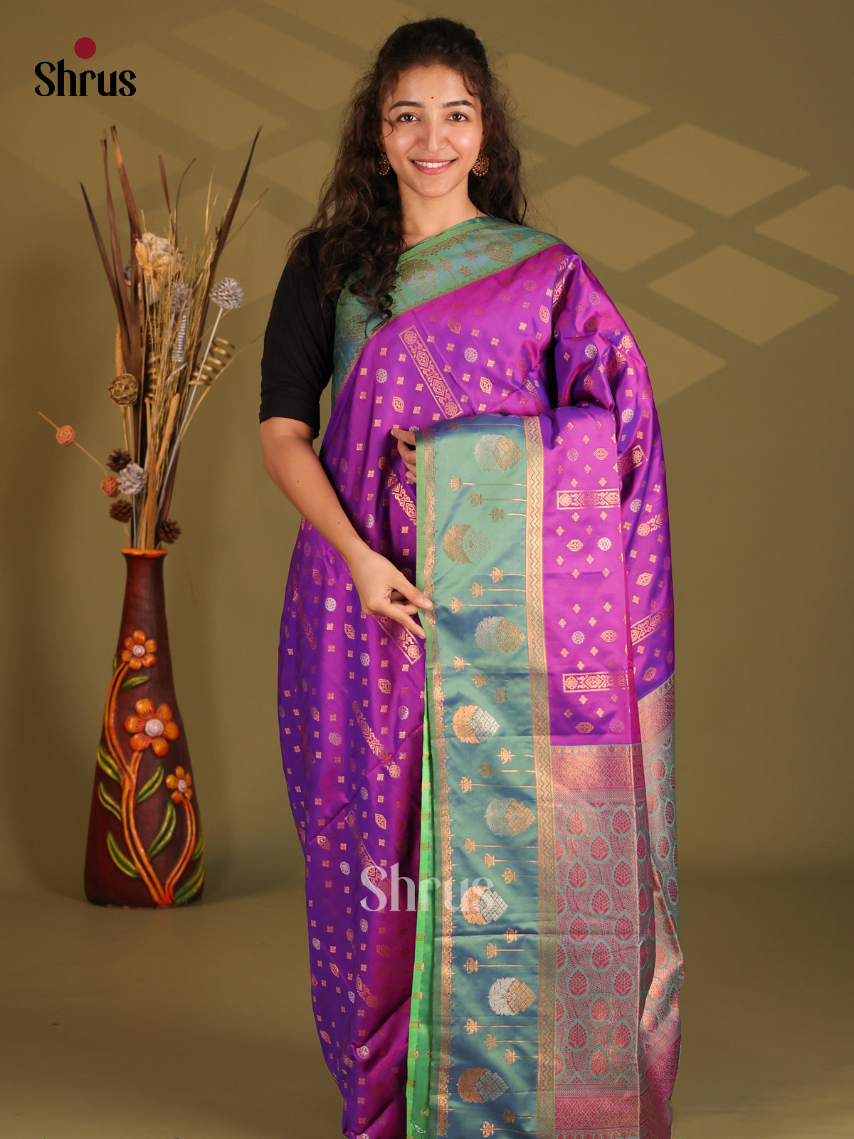 Purple & Green - Semi Softsilk Saree - Shop on Shrus.com