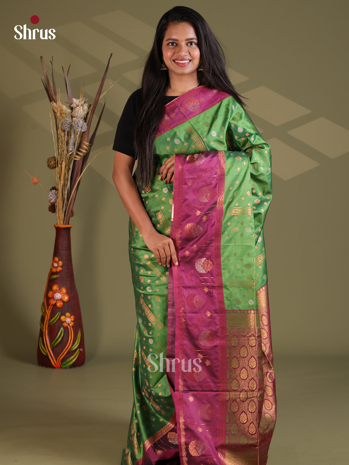 Green & Violet - Semi Softsilk Saree - Shop on Shrus.com