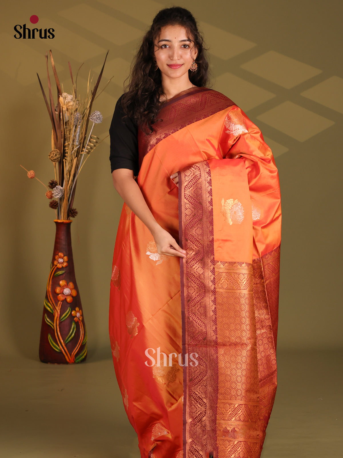 Orange & Maroon - Semi Softsilk Saree - Shop on Shrus.com