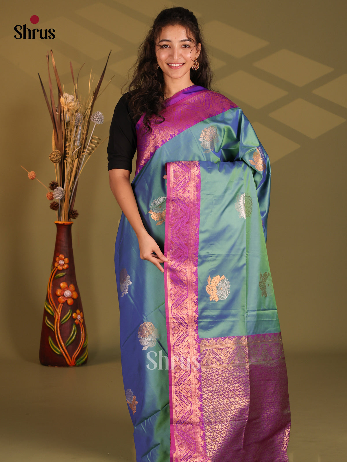 Blue & Purple - Semi Softsilk Saree - Shop on Shrus.com