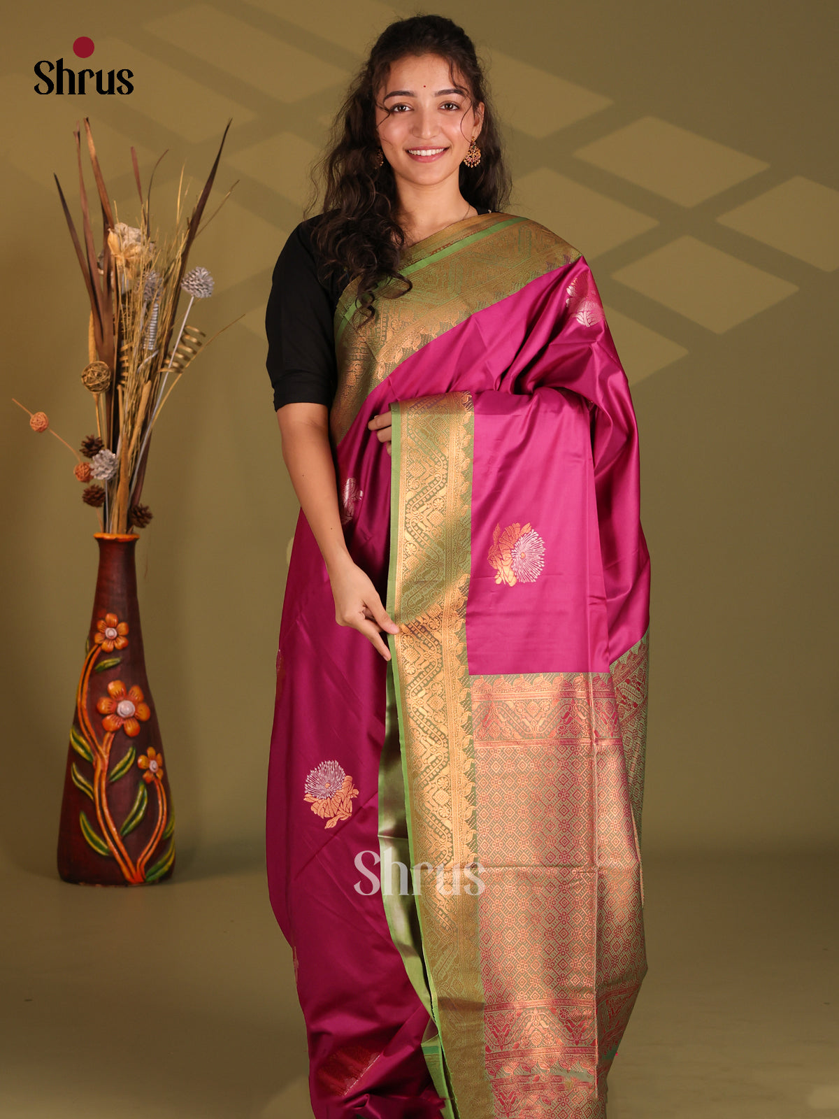 Purple & Green - Semi Softsilk Saree - Shop on Shrus.com