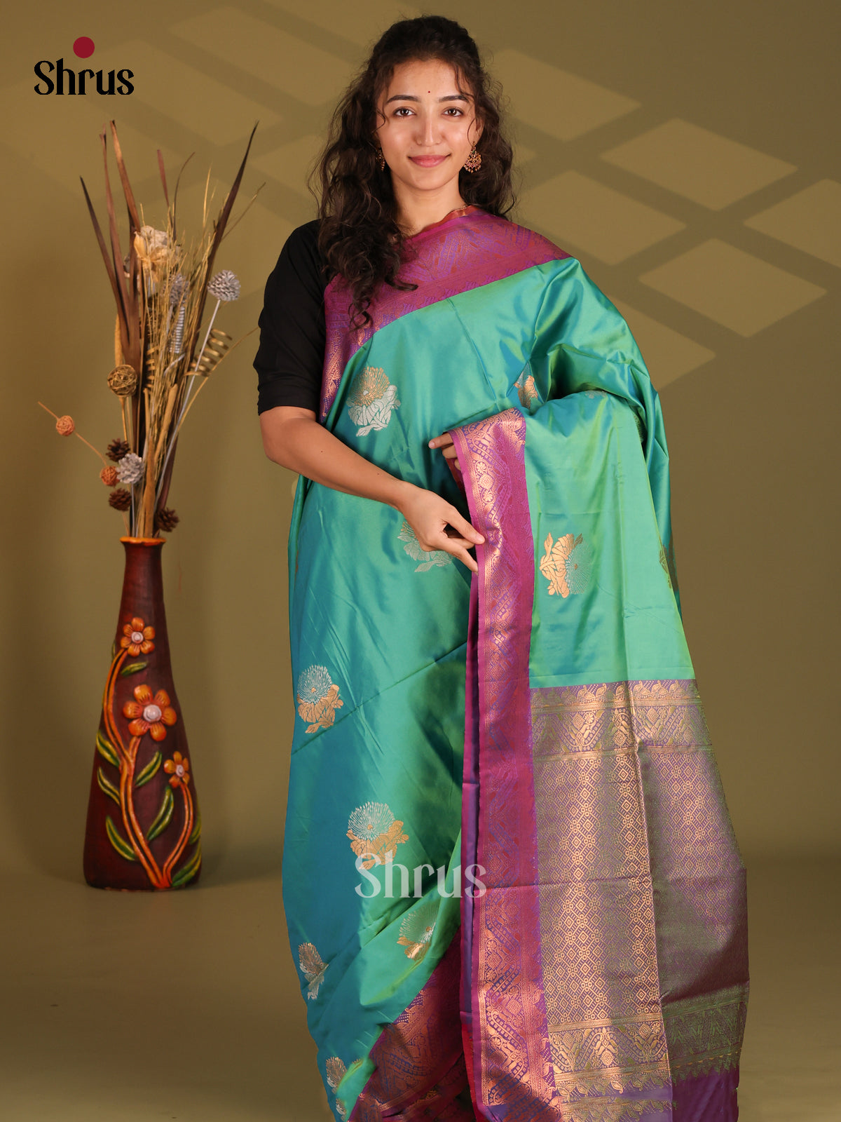Green & Purple - Semi Softsilk Saree - Shop on Shrus.com