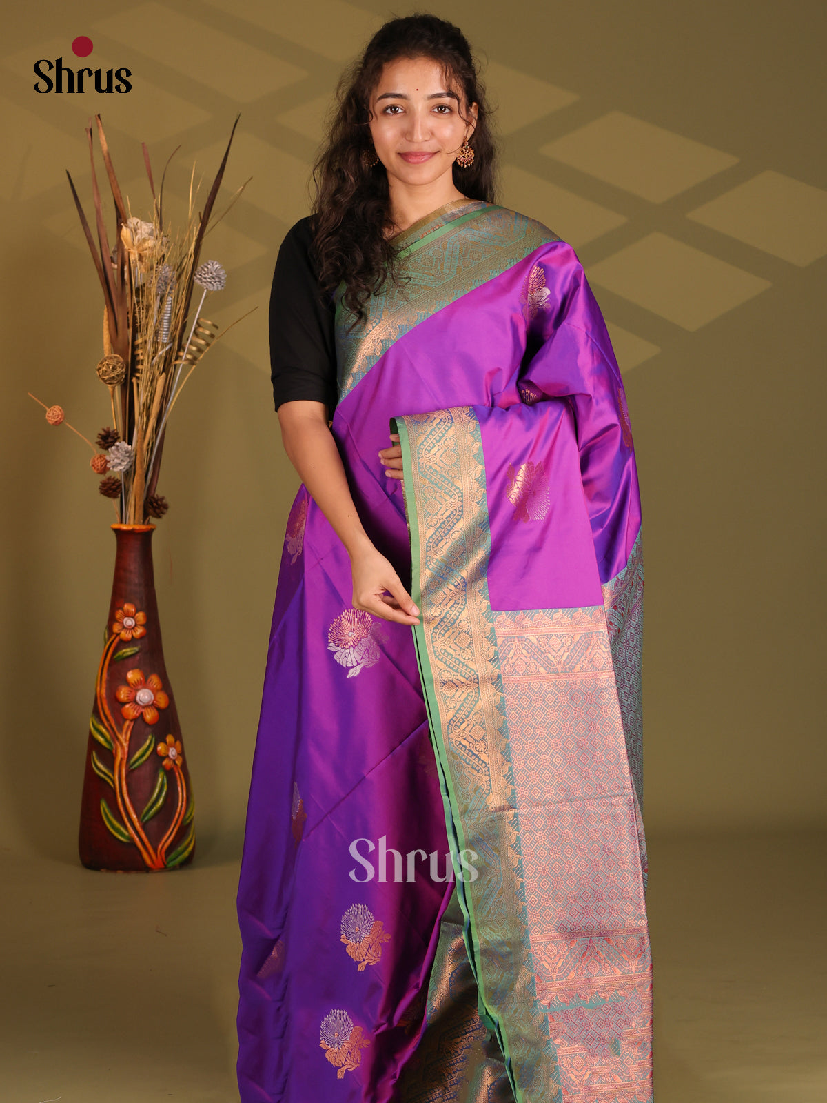 Purple & Aqua Green - Semi Softsilk Saree - Shop on Shrus.com