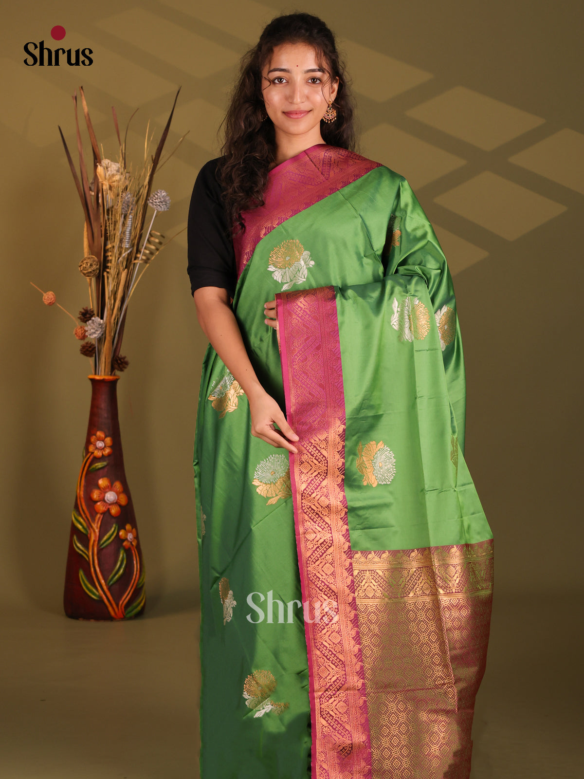 Green & Maroon - Semi Softsilk Saree - Shop on Shrus.com