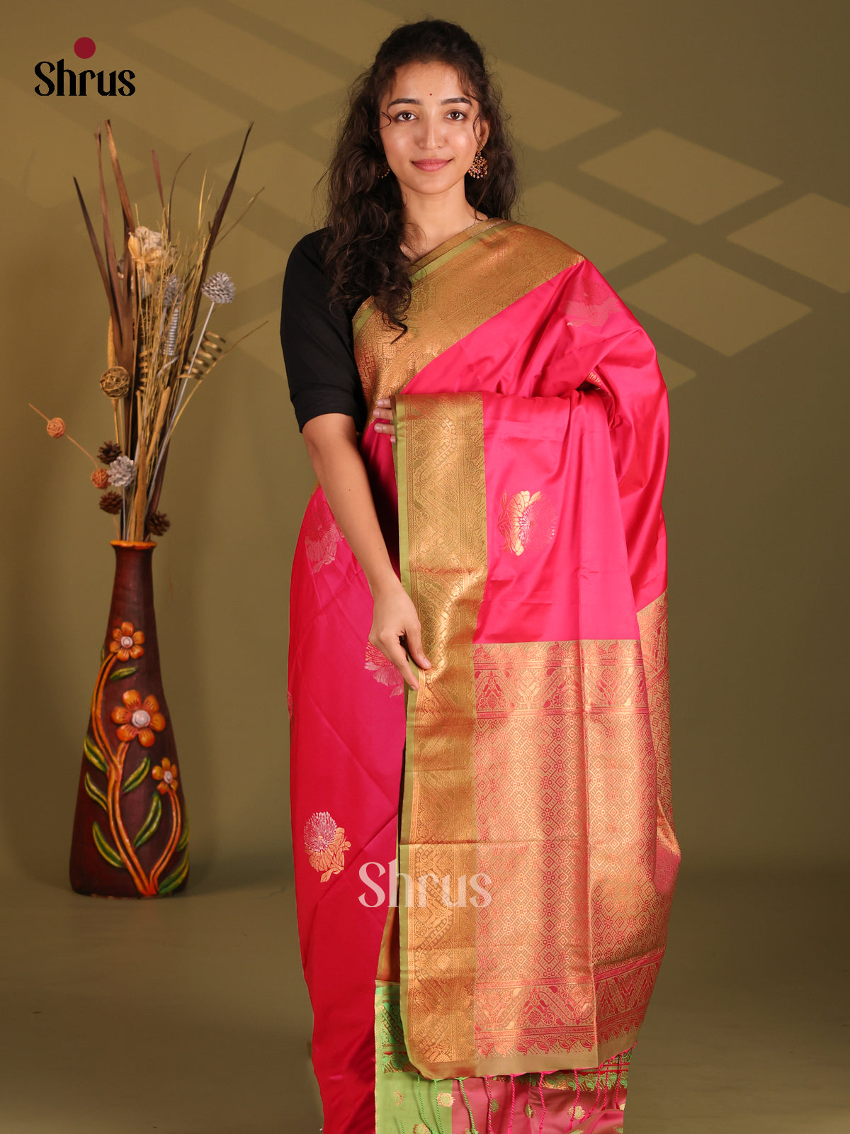 Pink & Green - Semi Softsilk Saree - Shop on Shrus.com
