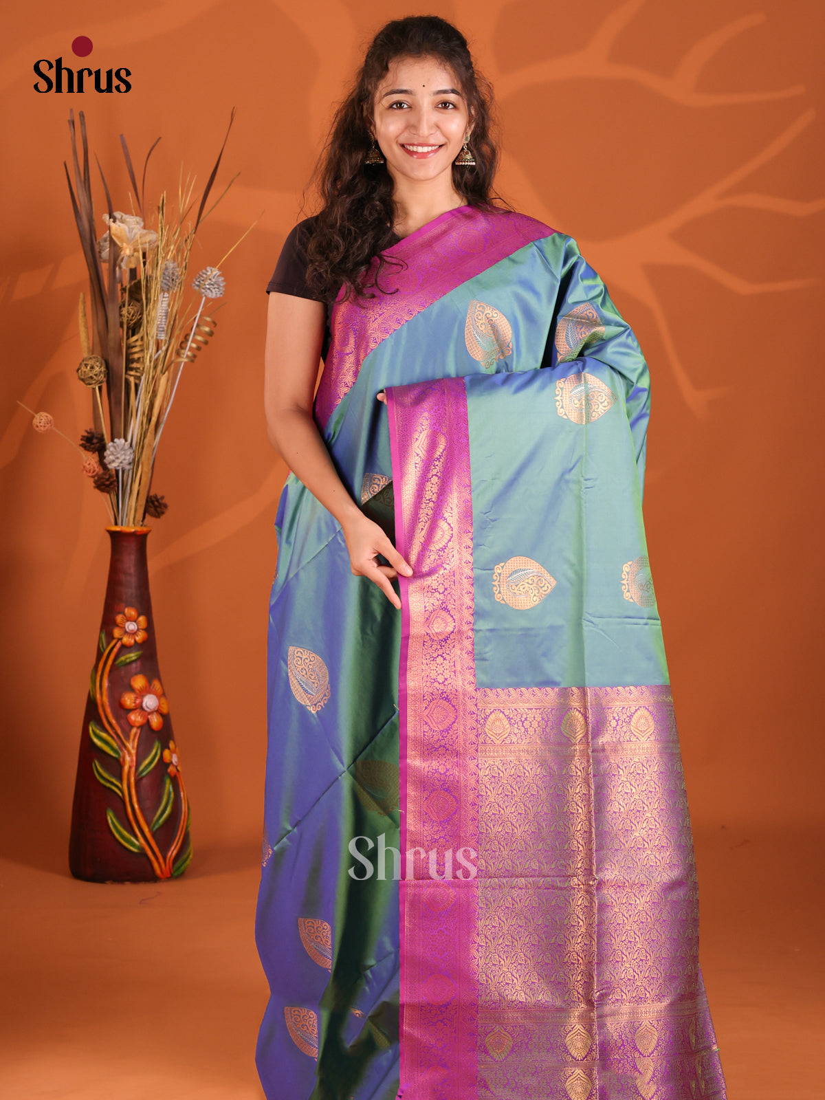 Blue & Violet - Semi Softsilk Saree - Shop on Shrus.com